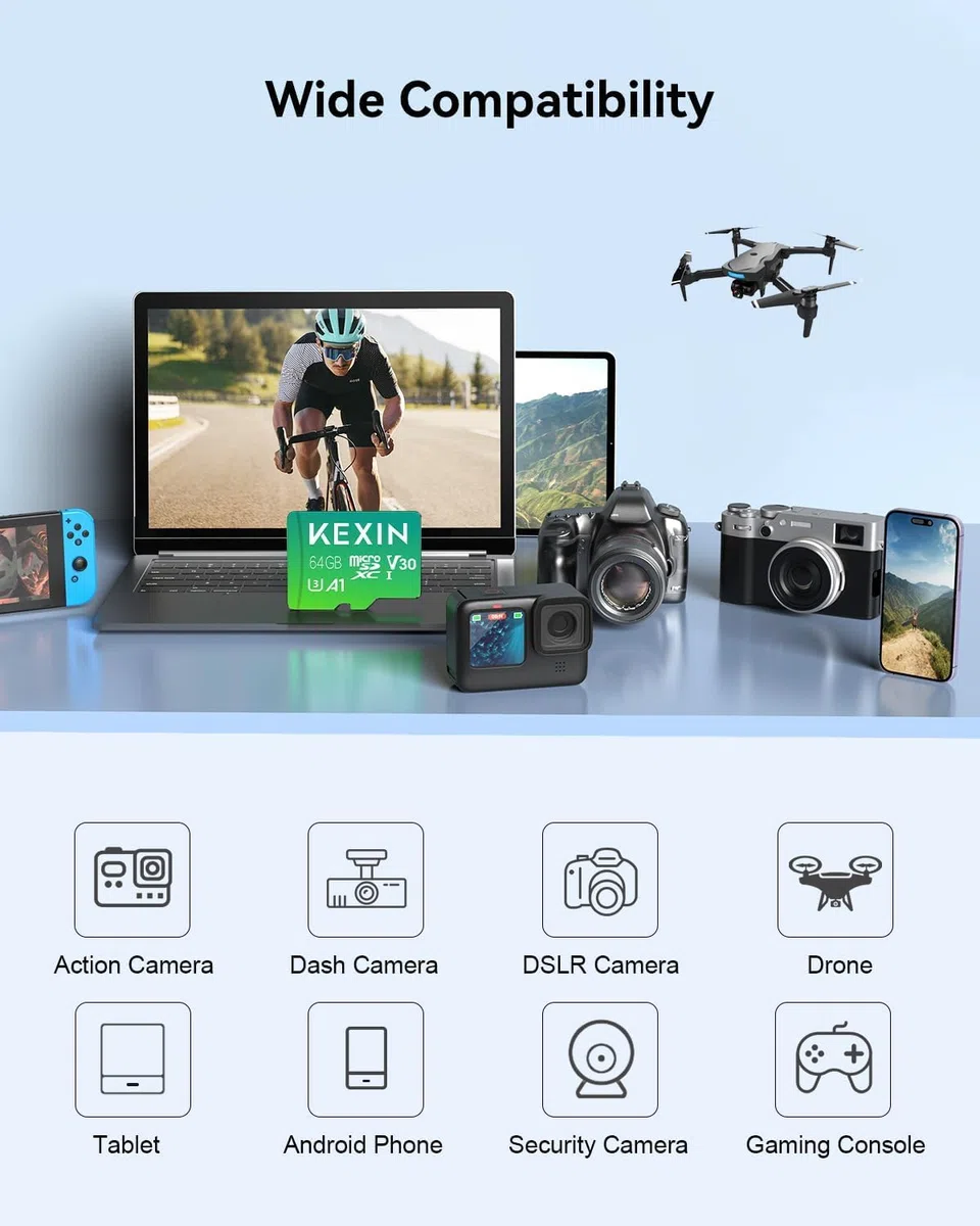 KEXIN 64GB Memoria Micro SD Tarjeta U3 Clase 10 Mini USB Micro SDXC V30 Tarjeta 64GB con Adaptador para PC, Tableta,Drone,Cámara Deportiva y Smartphone