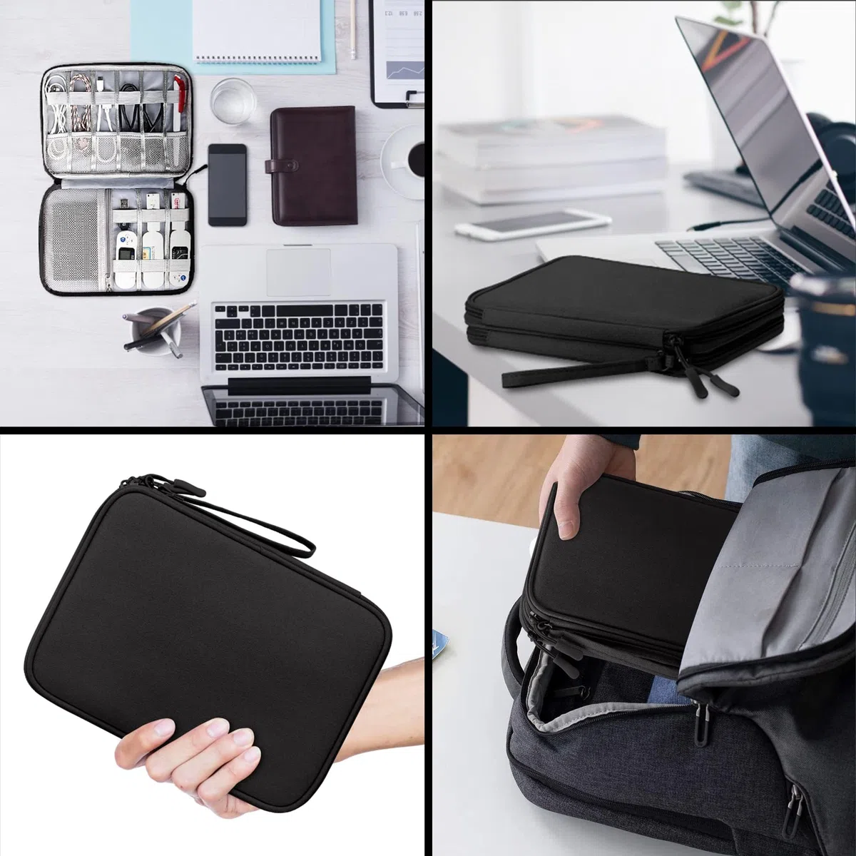 Arae Organizador de Cables para Viaje con Doble Capa - Bolsa Técnica Impermeable para Cargadores, Teléfonos, Auriculares, Tarjetas | Travel Essentials para Viajes Accesorios, L, Negro