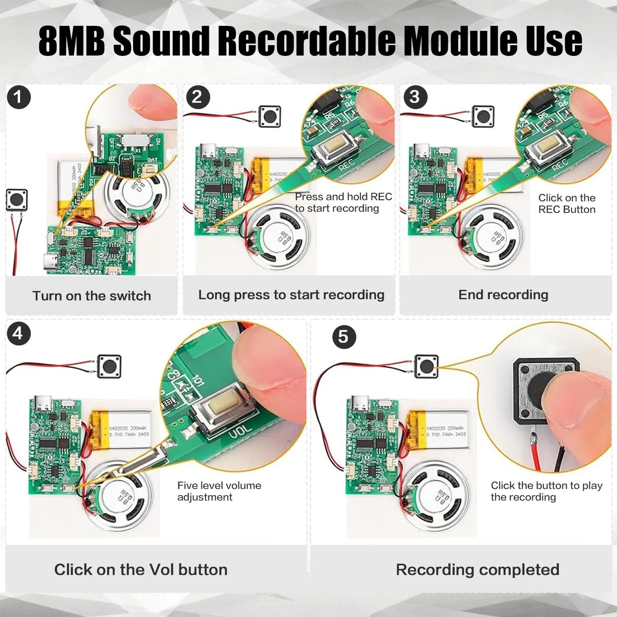 Módulo de sonido USB para MP3 con altavoz, 3 módulos grabables de voz, módulo de grabación de voz de música con batería recargable y cable para tarjetas DIY, regalos, juguetes