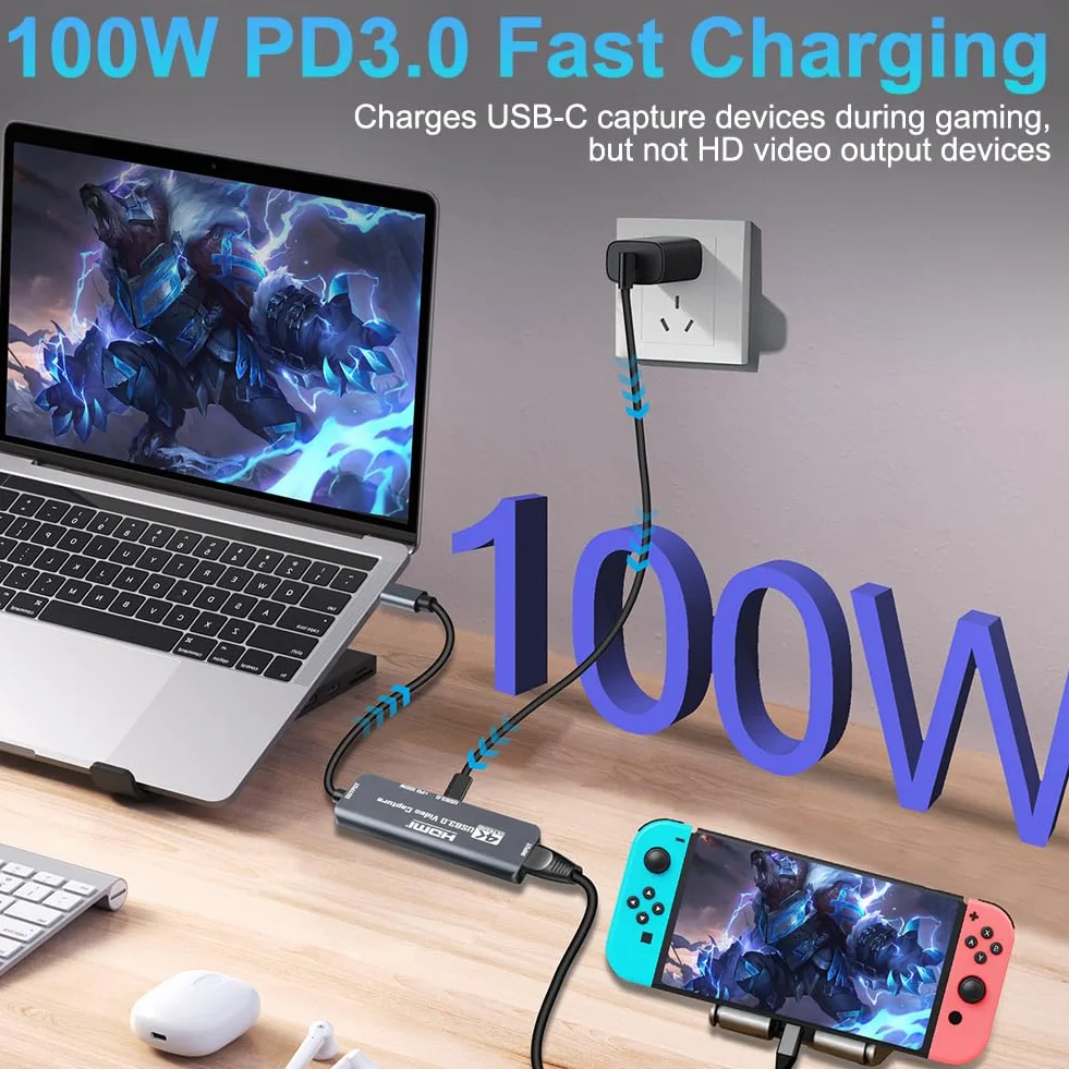 Flintronic Capturadora Video HDMI, 4K 1080P 60FPS, USB C 3.0 Tarjeta Captura Vídeo, 100W PD, Cargar Mientras se USA, para Streaming, Grabación de Juegos y Transmisión en Vivo – Compatible, Enseñanza