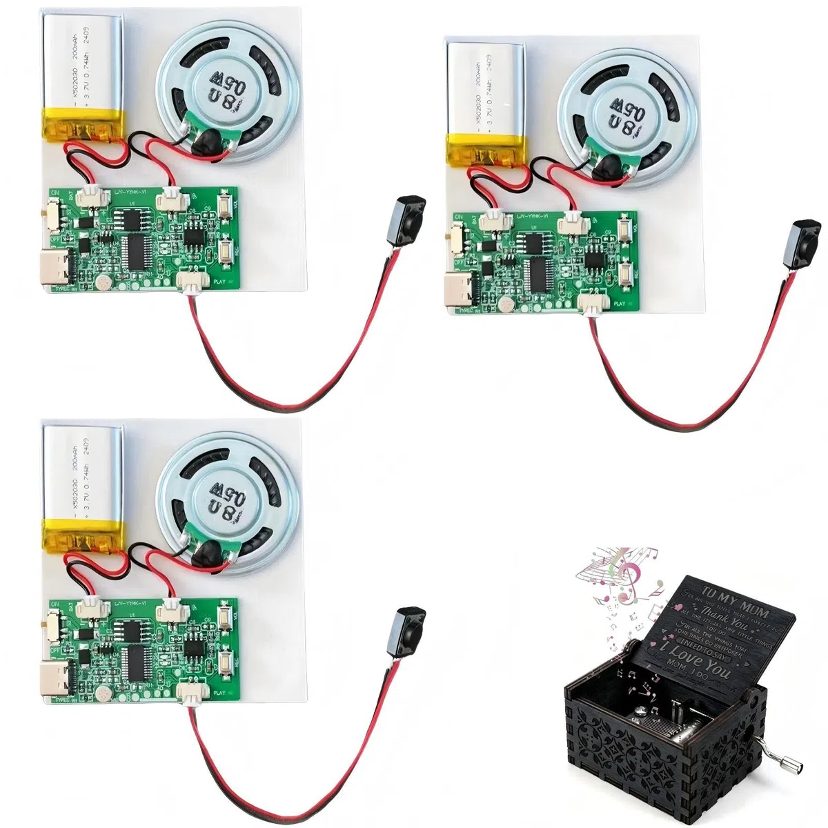 Módulo de sonido USB para MP3 con altavoz, 3 módulos grabables de voz, módulo de grabación de voz de música con batería recargable y cable para tarjetas DIY, regalos, juguetes