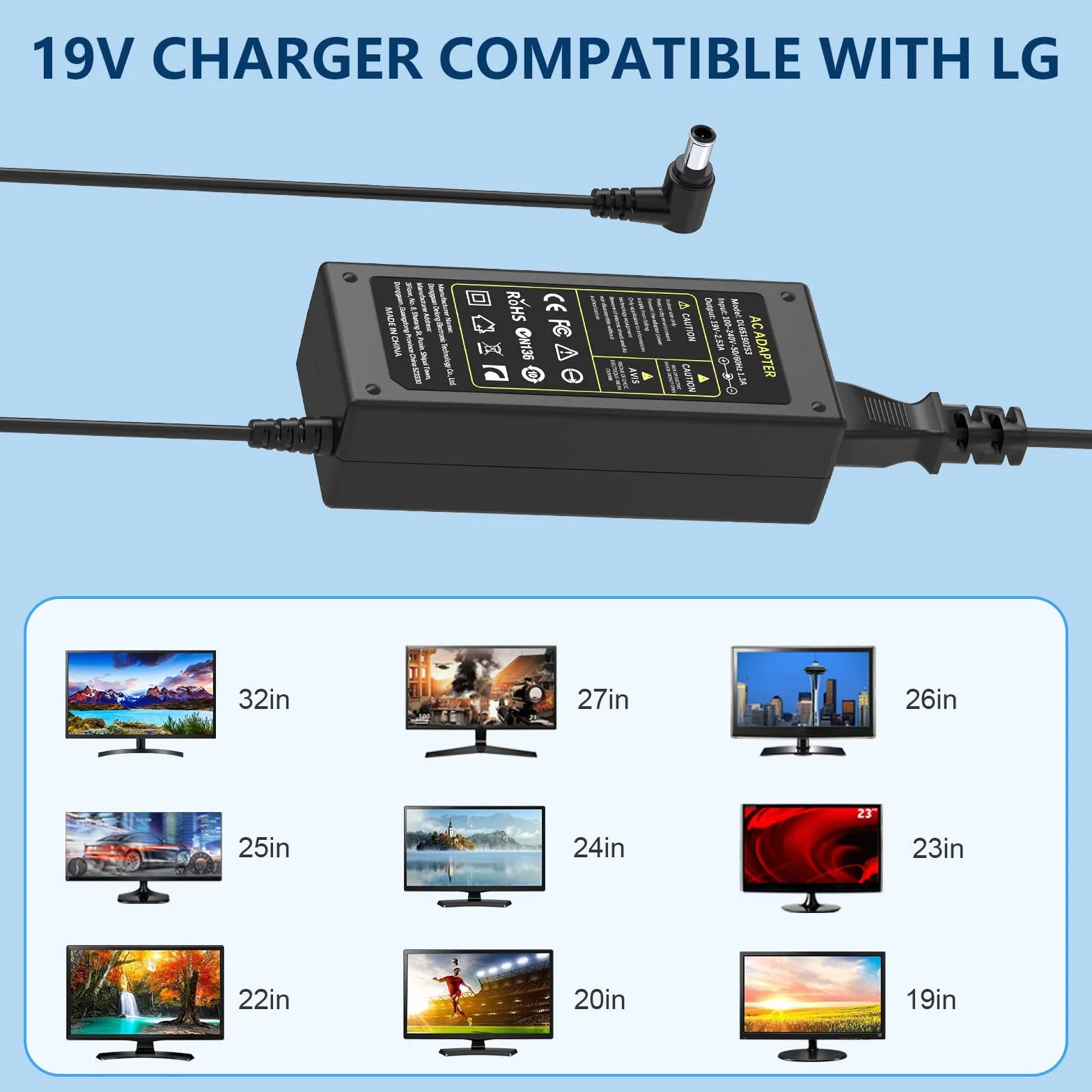 Cargador 19V Compatible con LG TV 19" 20" 22" 23" 24" 27" 29" 32" 34" Samsung Monitor 22" 32" LED LCD HDTV Televisión Pantalla Fuente de Alimentación Adaptador Charger