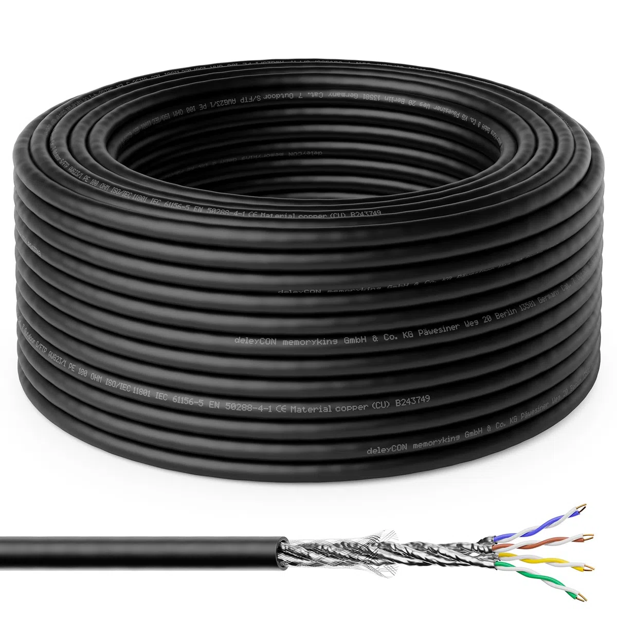 deleyCON 10m CAT 7 Cable Instalación Outdoor Cobre (CU) Rígido S/FTP PIMF Blindaje 10Gbps 1000MHz Exterior Resistente Clima Cable Red LAN Ethernet Datos Jardín Terraza