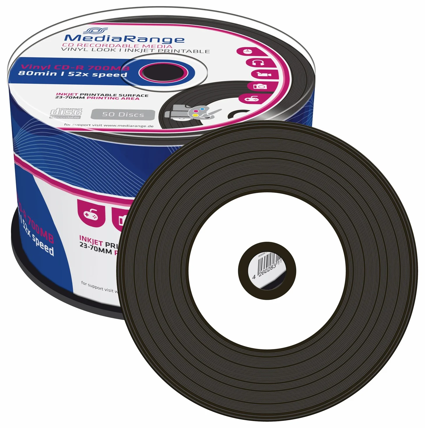 MediaRange MR226 - CD-R Imprimible con aspecto de disco de Vinilo, Pack de 50 unidades
