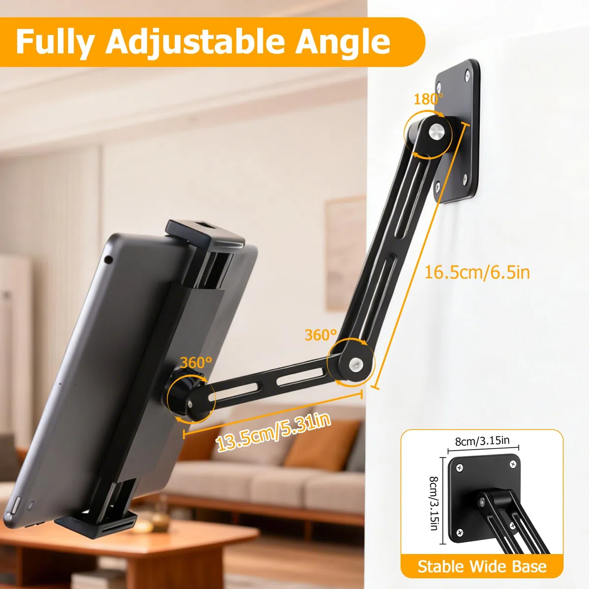 Soporte de pared para tableta, soporte de pared para iPad con brazo extensible y base de metal estable, altura ajustable y plegable, soporte de pared para iPhone, iPad Pro/Air/Mini, Galaxy Tab