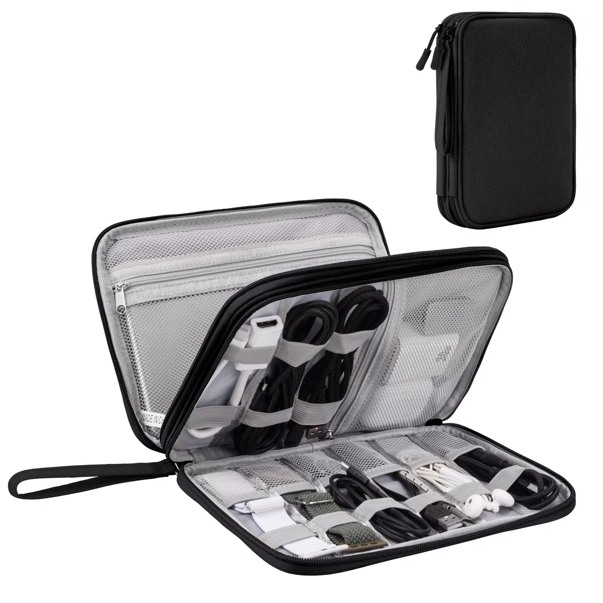 Arae Organizador de Cables para Viaje con Doble Capa - Bolsa Técnica Impermeable para Cargadores, Teléfonos, Auriculares, Tarjetas | Travel Essentials para Viajes Accesorios, L, Negro