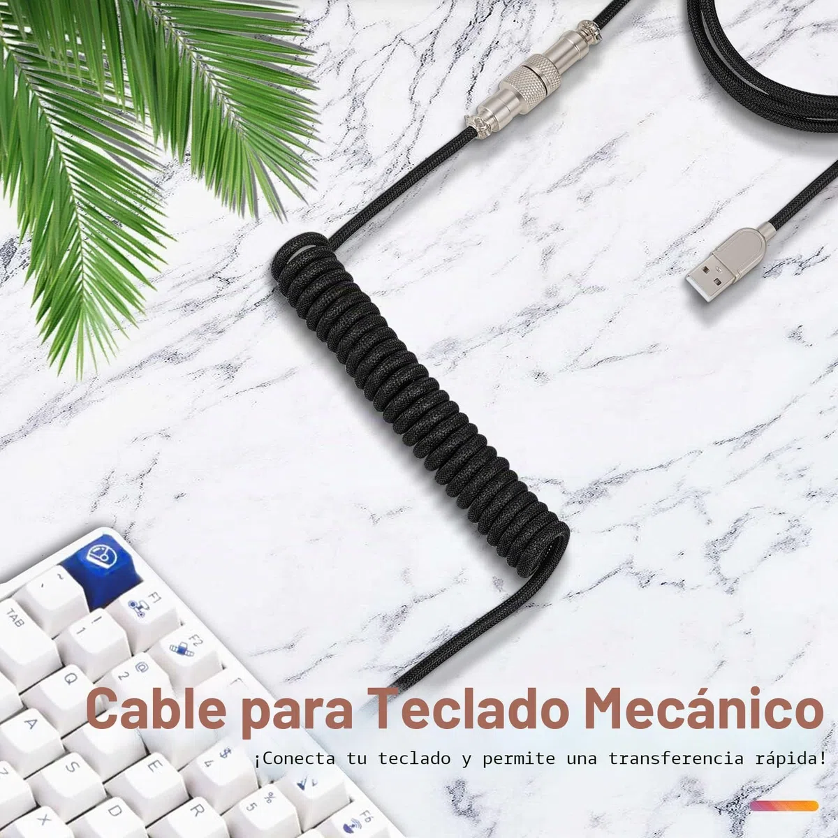 Twozoh Cable Espiral Mecánico teclado USB C, Trenzado desmontable Aviador doble manga tipo C Cable de teclado mecánico (Blanco)
