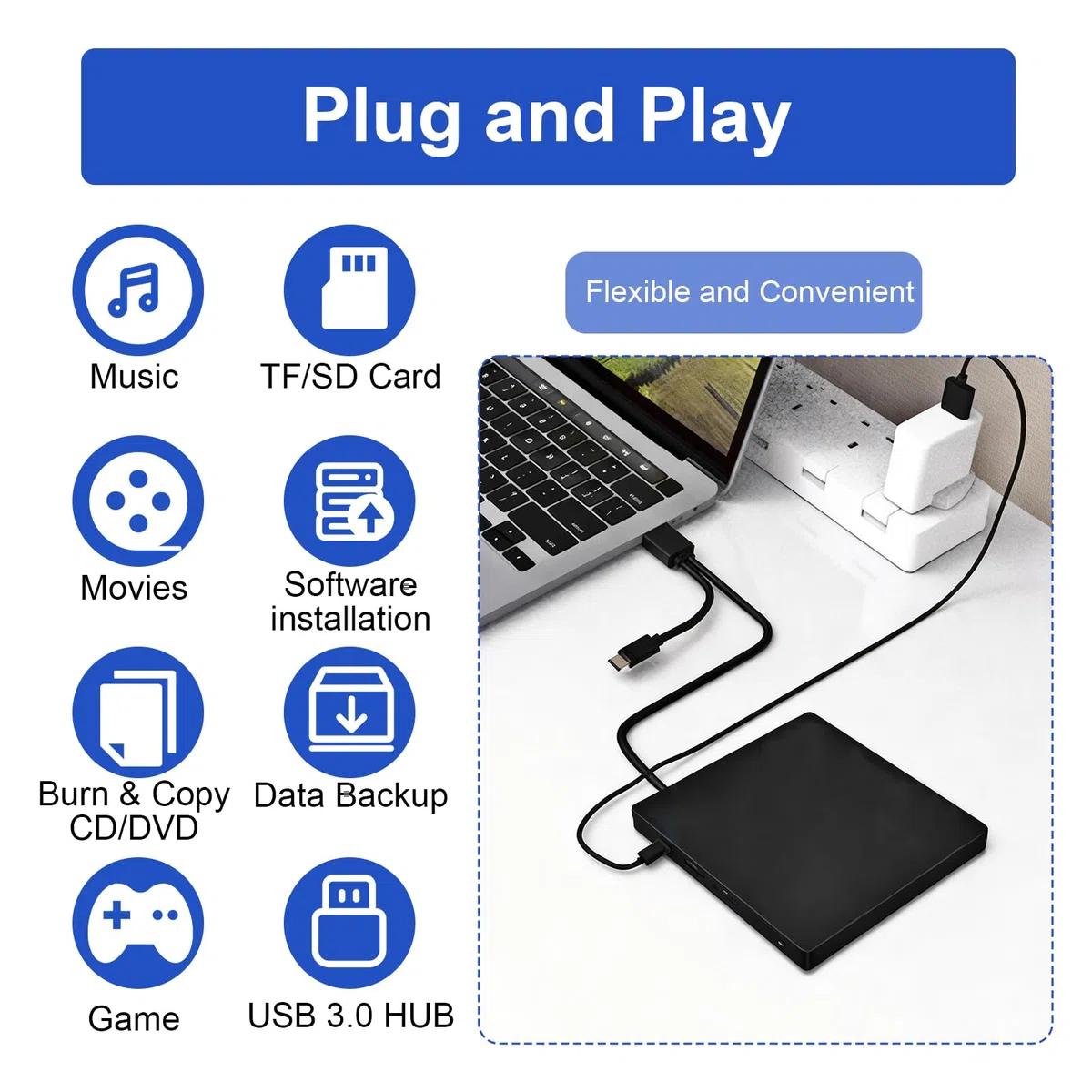 7 en 1 Lector CD/DVD Externo para PC, Grabadora DVD Externa con 4 Puertos USB y 2 Ranuras para Tarjetas TF/SD, Portatil External CD DVD +/-RW Drive, USB 3.0 y USB-C Reproductor para Macbook Windows