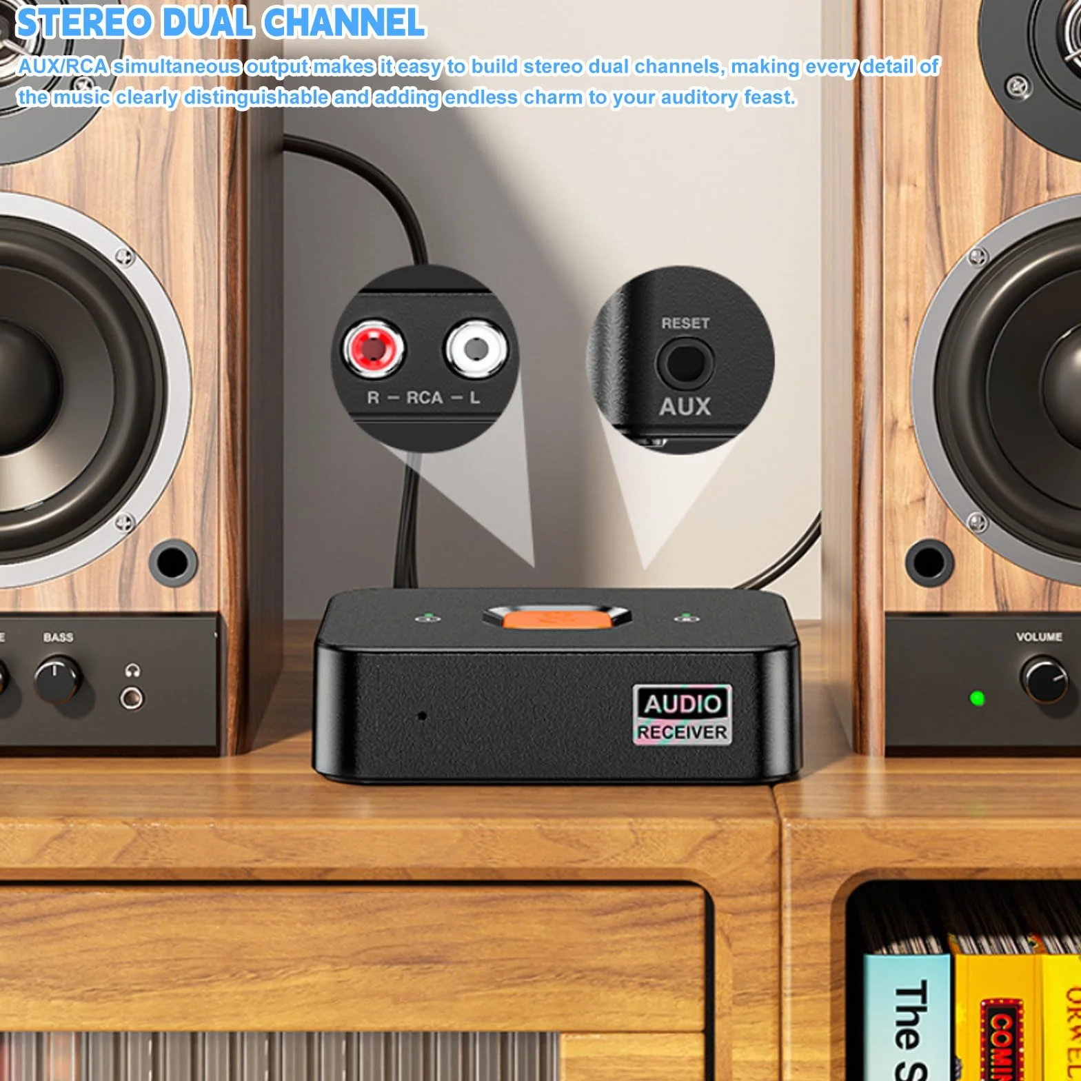 Receptor Bluetooth 6.0 con conector jack de 3,5 mm y RCA, adaptador de audio HiFi con modo de graves para estéreo y altavoces, receptor inalámbrico azul para smartphone, tablet y receptor AV