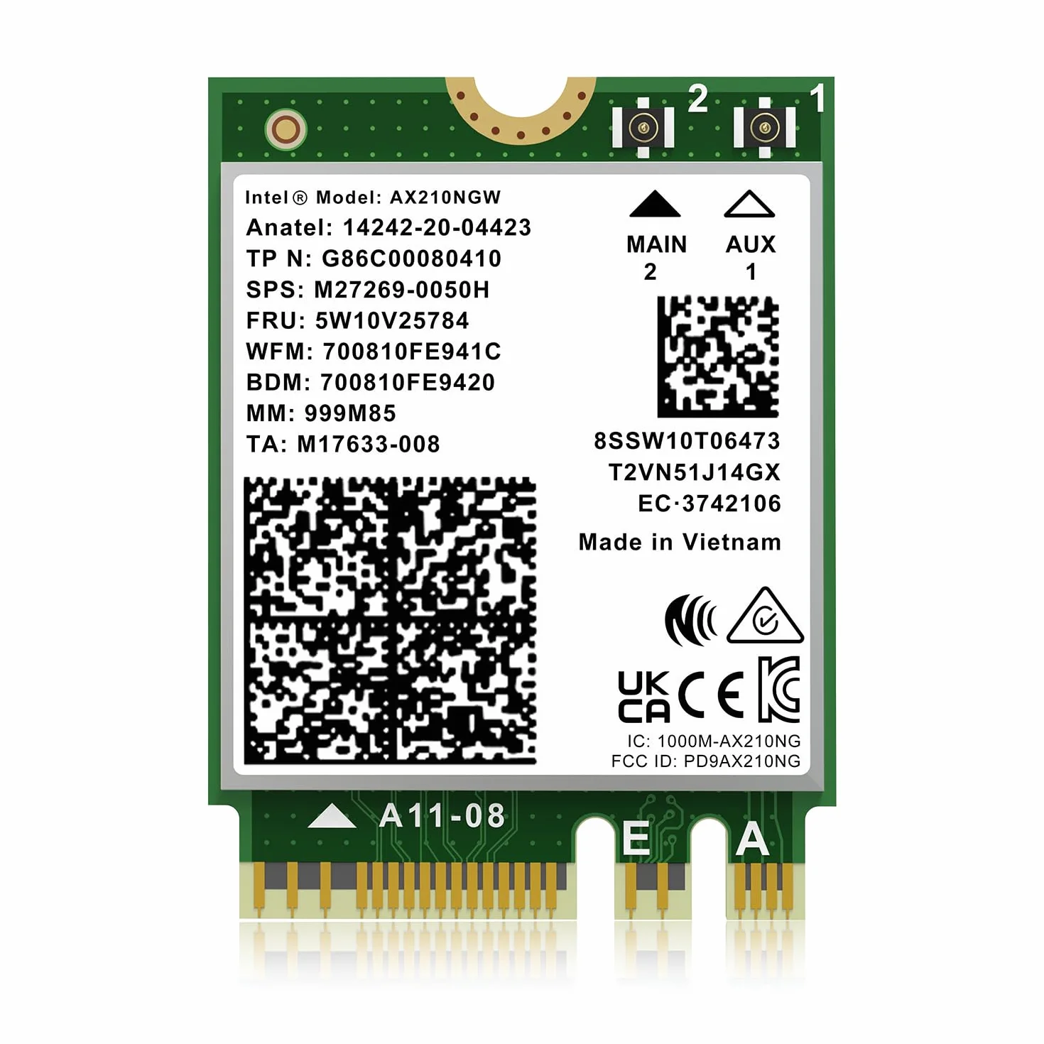 Tarjeta inalámbrica WiFi 6E Intel AX210NGW, Bluetooth 5.3 tribanda, 5400 Mbps, M.2/NGFF, para PC y portátil, Compatible con Windows 10/11 (64 bits)