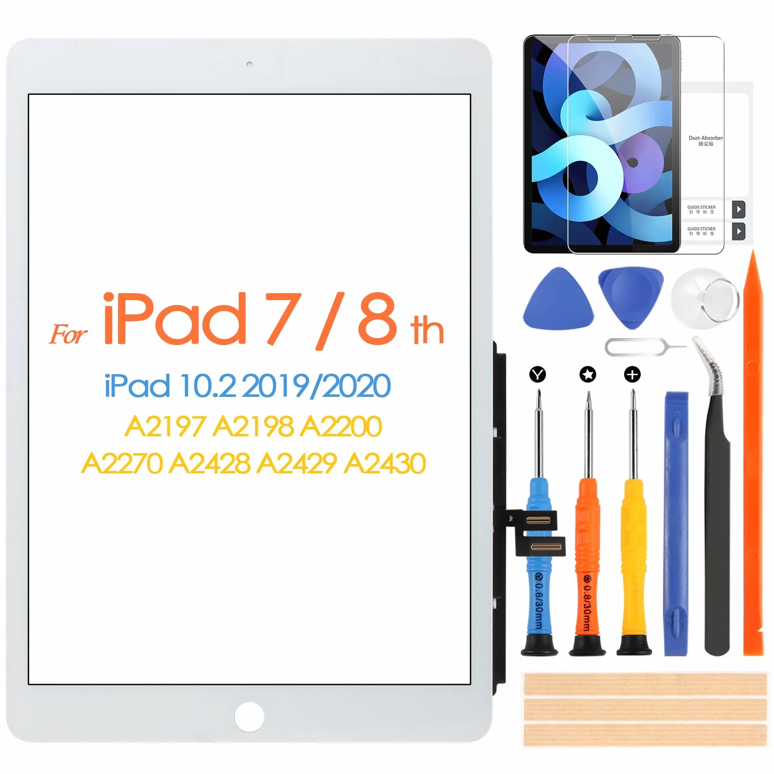 Pantalla táctil para iPad 7/8 10.2 pulgadas 2019 2020 7th 8th digitalizador panel táctil kit piezas de reparación, sin botón de inicio, para iPad A2197 A2198 A2200 A2270 A2428 A2429 A2430 (no LCD)