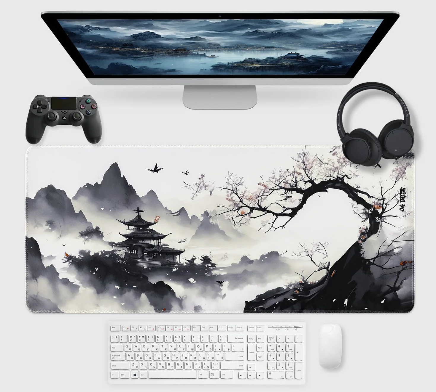 Alfombrilla Ratón XXL Japonesa Grande Gaming 900 x 400 mm, Alfombrilla Escritorio Antideslizante con Base de Goma, Mousepad Bordes Cosidos Impermeable para Oficina Ordenador Juegos&Tapete