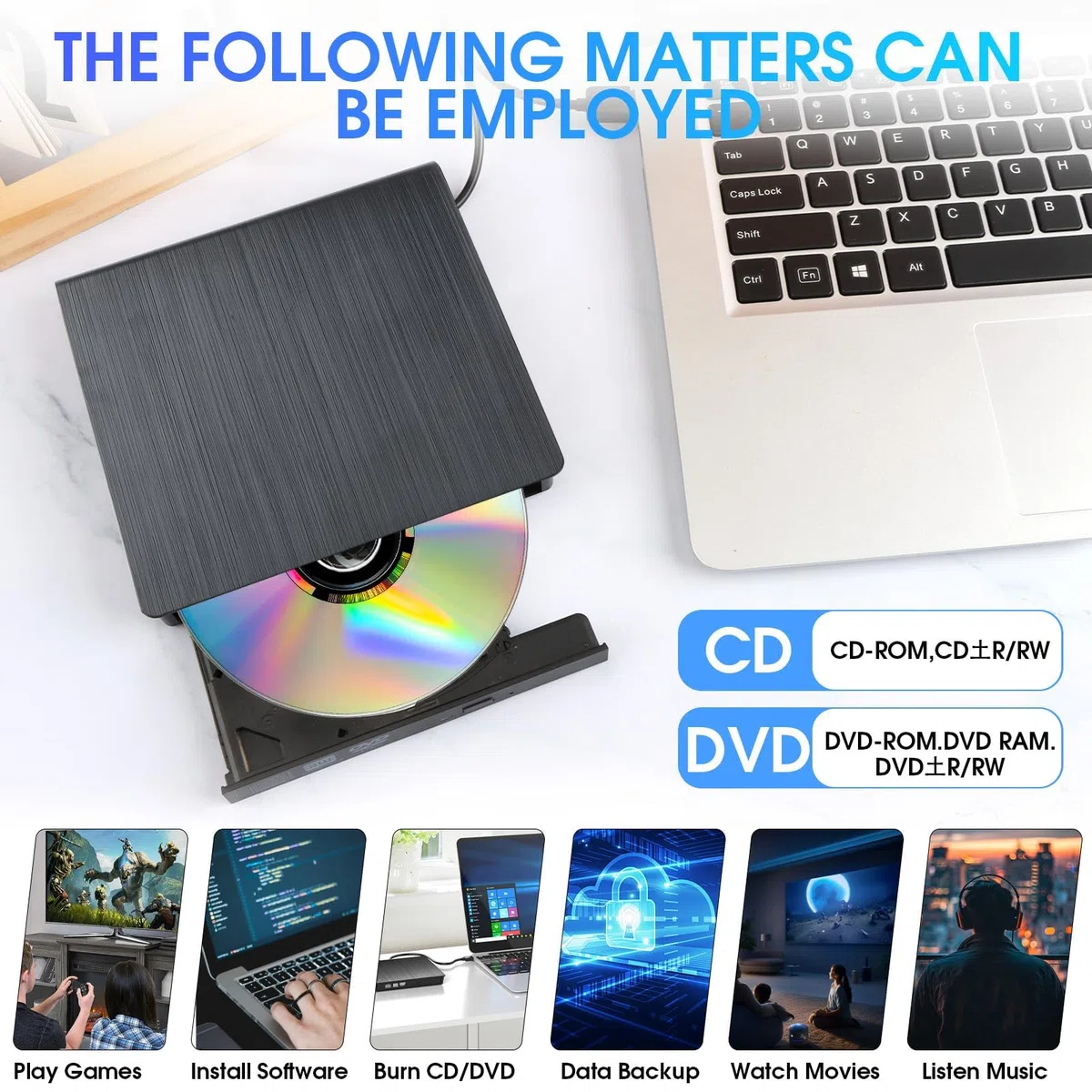 Grabadora CD DVD Externo USB 3.0 y USB-C Lector CD Externo y Grabadora DVD/CD +/-RW para PC y Portátil Slim con Cable Integrado Plug & Play 8X/24X Windows 11/10/8/7 MacOS Linux