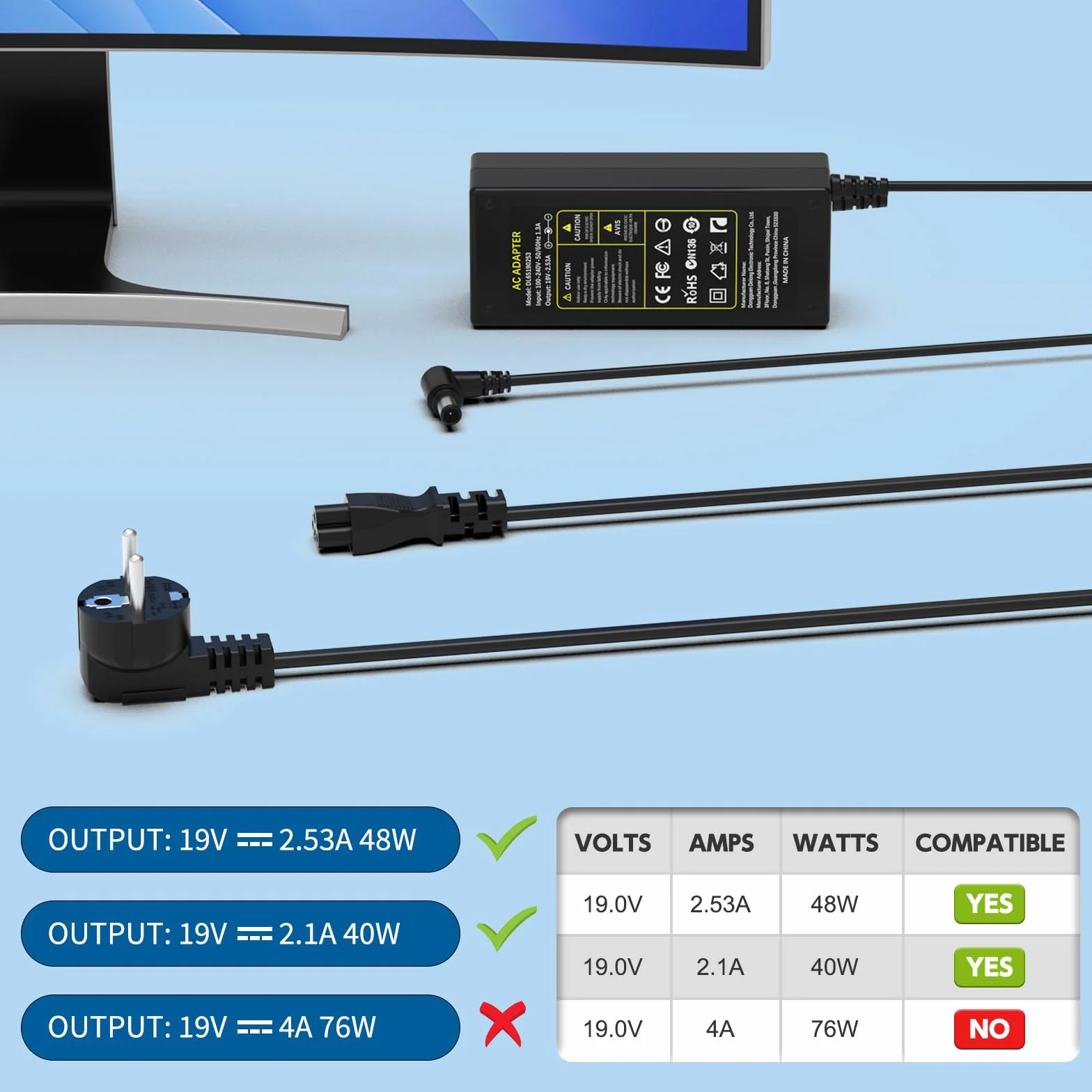 Cargador 19V Compatible con LG TV 19" 20" 22" 23" 24" 27" 29" 32" 34" Samsung Monitor 22" 32" LED LCD HDTV Televisión Pantalla Fuente de Alimentación Adaptador Charger