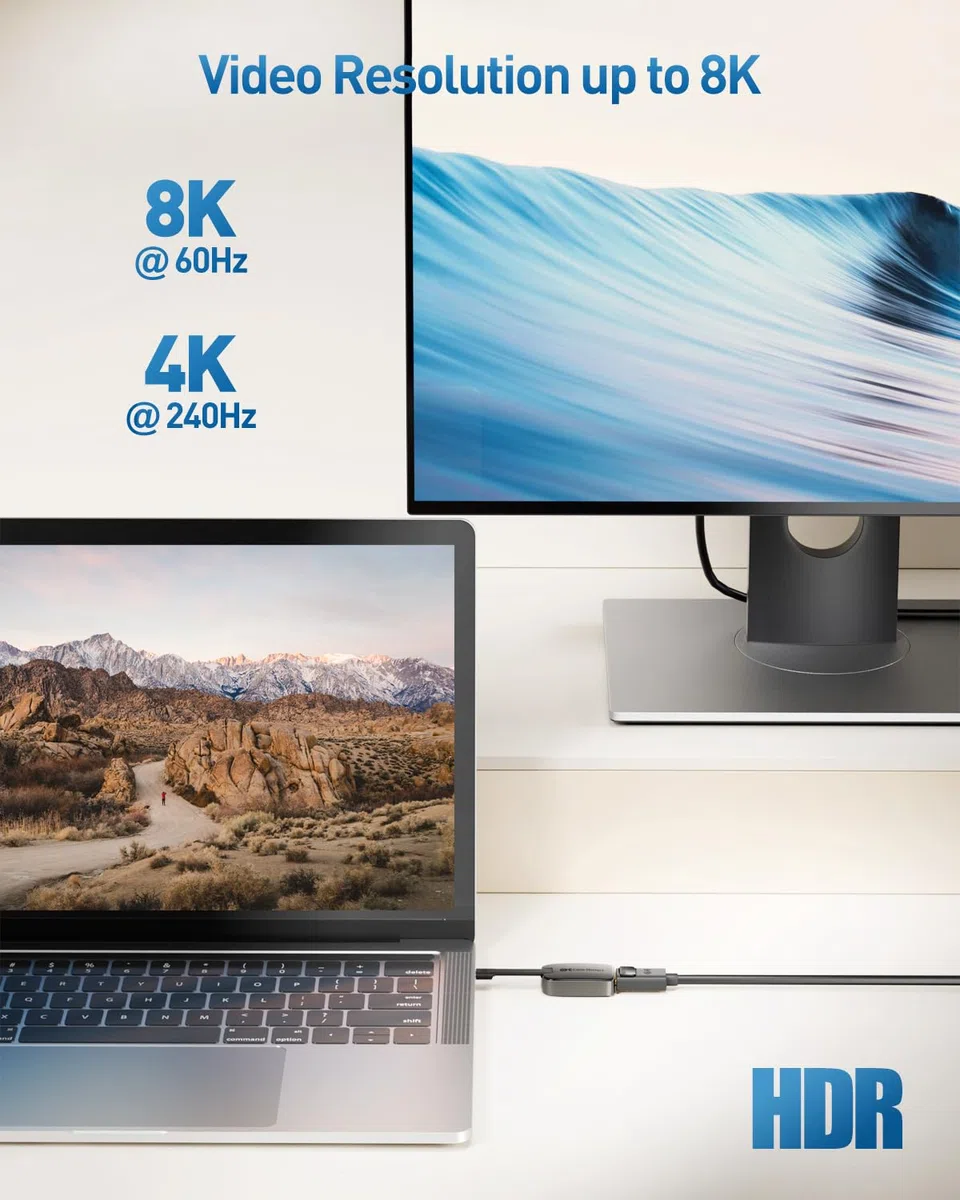 Cable Matters Adaptador Plegable 8K USB C a DisplayPort 1.4, 4K 144Hz / 8K 60Hz con HDR, Adaptador portátil DisplayPort a USB C - Compatible con Thunderbolt 4/USB4, HP Reverb G2 MacBook Pro, DELL XPS