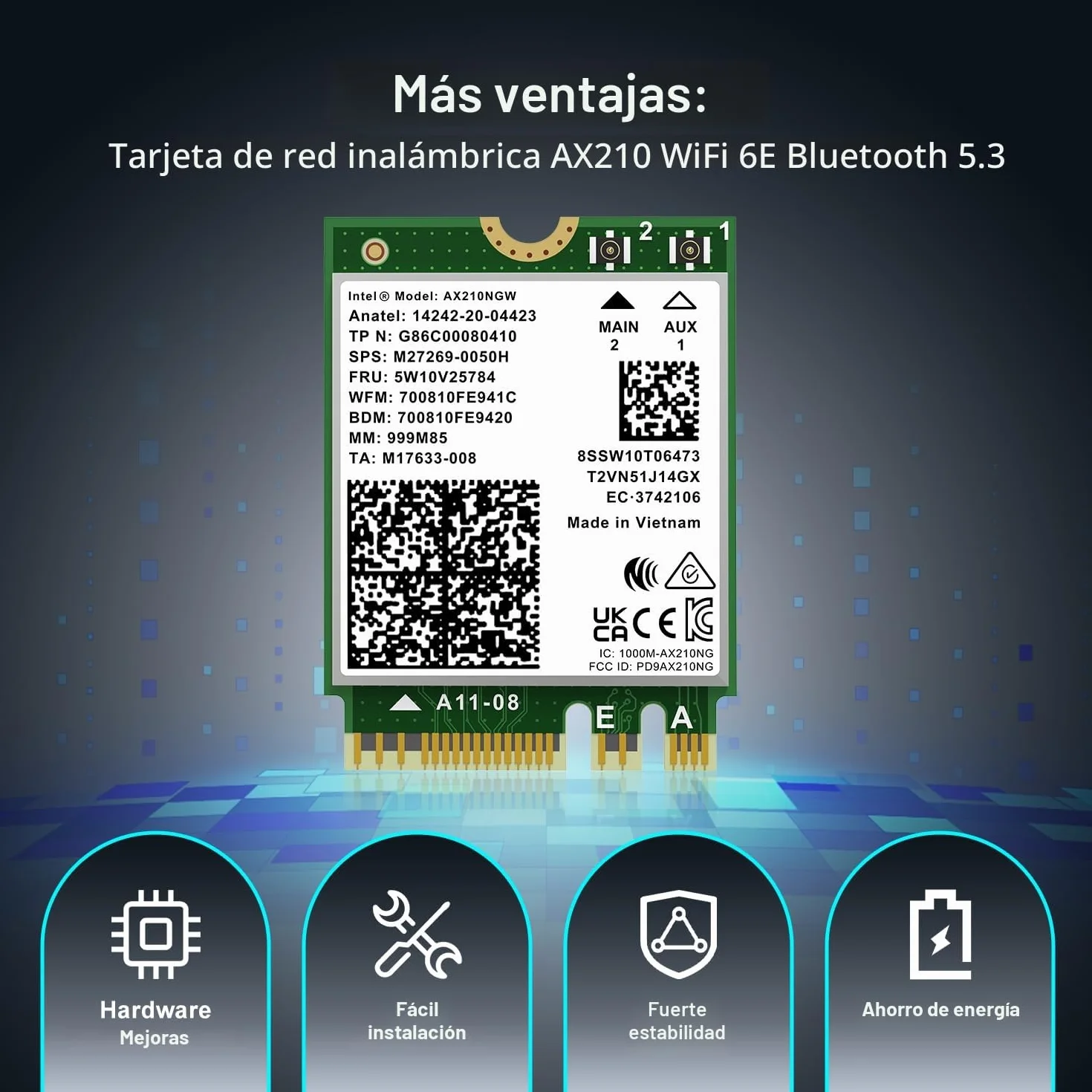 Tarjeta inalámbrica WiFi 6E Intel AX210NGW, Bluetooth 5.3 tribanda, 5400 Mbps, M.2/NGFF, para PC y portátil, Compatible con Windows 10/11 (64 bits)