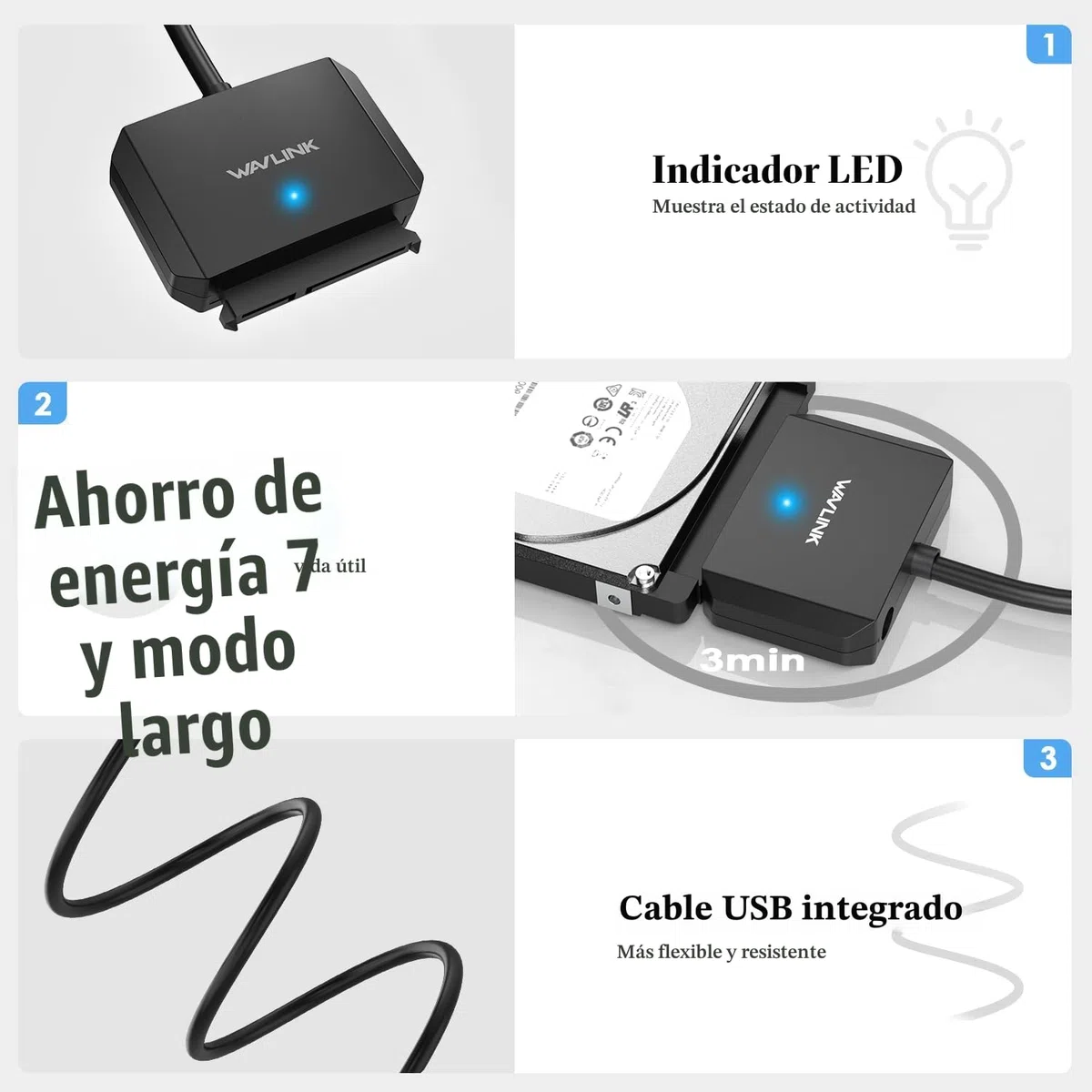 WAVLINK USB3.0 a SATA III Cable Adaptador de Disco Duro,Conector de Disco Duro Externo para 2,5''/3,5''HDD/SSD, SATA a USB A 5Gbps Convertidor,Adaptador de Corriente Incluido