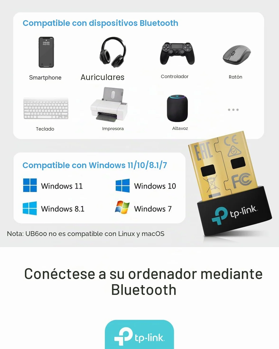 TP-Link UB600 - Adaptador Bluetooth 6.0 para PC, USB Bluetooth Stick para ratón/Teclado/Auriculares/teléfono Celular/Controlador, Plug & Play, Solo para Windows 11/10/8.1/7