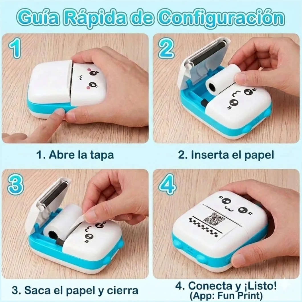 Mini Impresora térmica portátil para móvil con bluethoot. Impresora fotográfica sin Tinta con 1 Rollo de Papel térmico. Mini Printer Infantil Compatible con iOS y Android. Color Azul