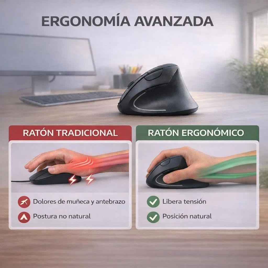 Ratón Vertical Inalámbrico y Ergonómico + Alfombrilla, 1200DPI, 6 Botones, Raton Ergonomico e Inalambrico para Reducir la Tensión en Brazos y Muñecas, 2.4G Raton Silencioso para PC y MacBook