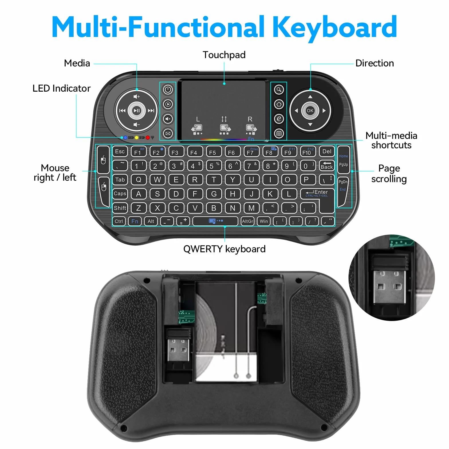 LONGYI i10 Mini Teclado Inalambrico, Smart TV, Android Keyboard with Touchpad, Bluetooth y 2.4G Mini Keyboard for Smart TV Remote Control/PC/Pad/Xbox/Android Box/HTPC