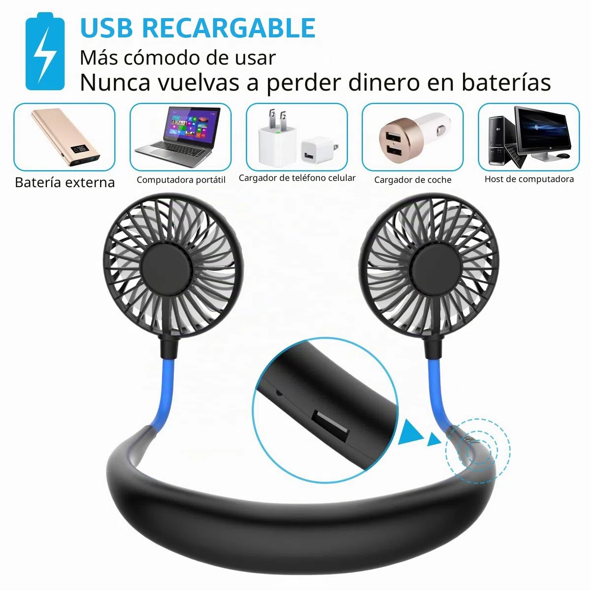 Ventilador de cuello, ventilador portátil, mini ventilador USB, ventilador portátil de cuello recargable, enfriador de aire de doble cabezal a viento de 3 velocidades para exteriores Camping Office