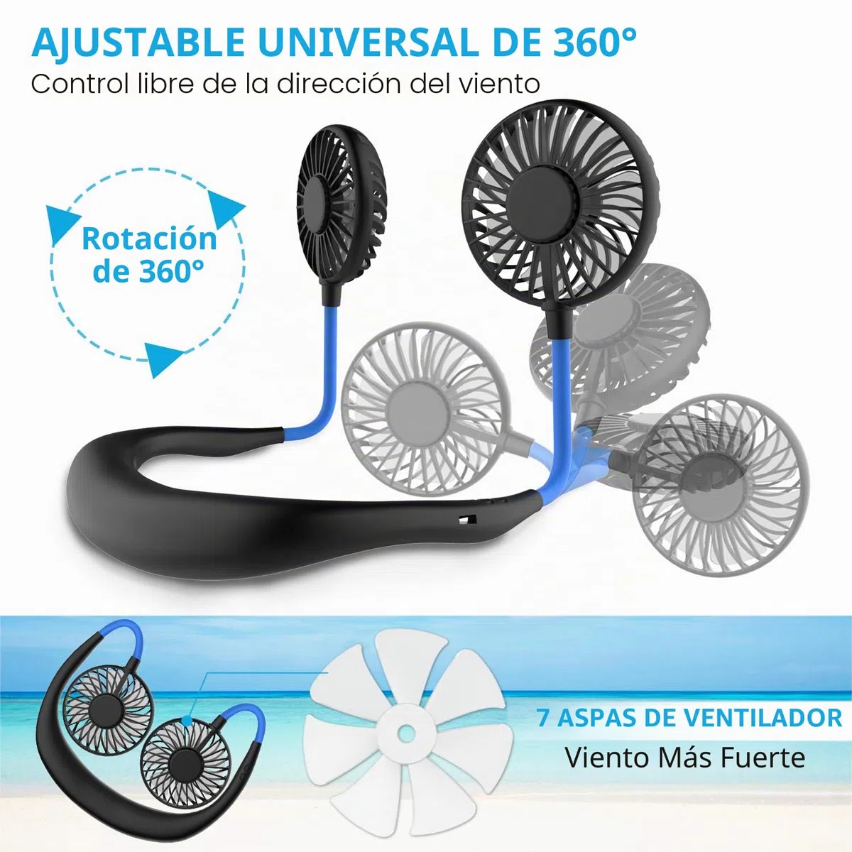 Ventilador de cuello, ventilador portátil, mini ventilador USB, ventilador portátil de cuello recargable, enfriador de aire de doble cabezal a viento de 3 velocidades para exteriores Camping Office