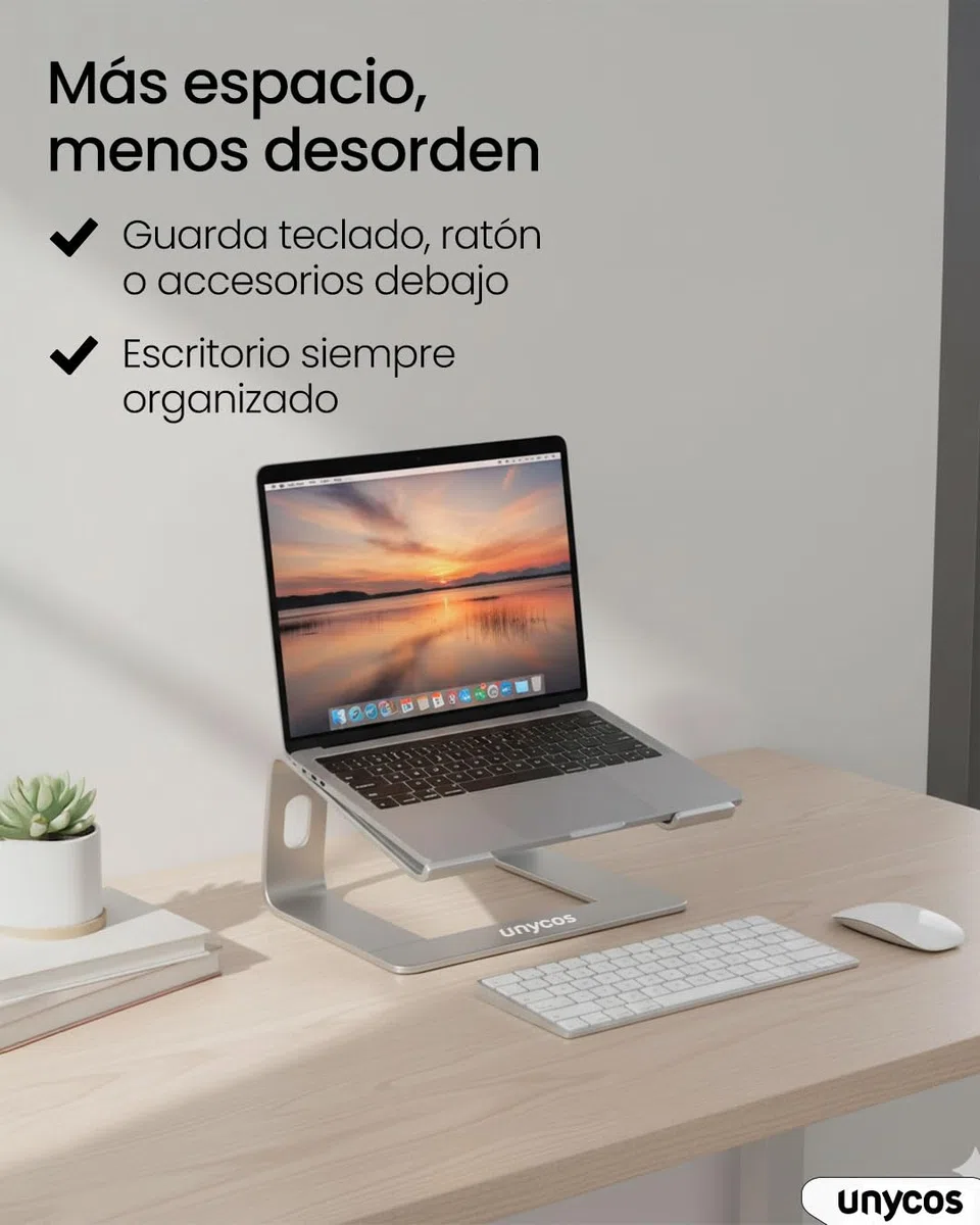 unycos - Soporte para Portátil Antideslizante de Aluminio, Compatible con Ordenadores de 10''/13''/15,6'' Ventilación y Disipación del Calor, 100% Ergonómico | Reduce Tensiones en el Cuello (Plata)