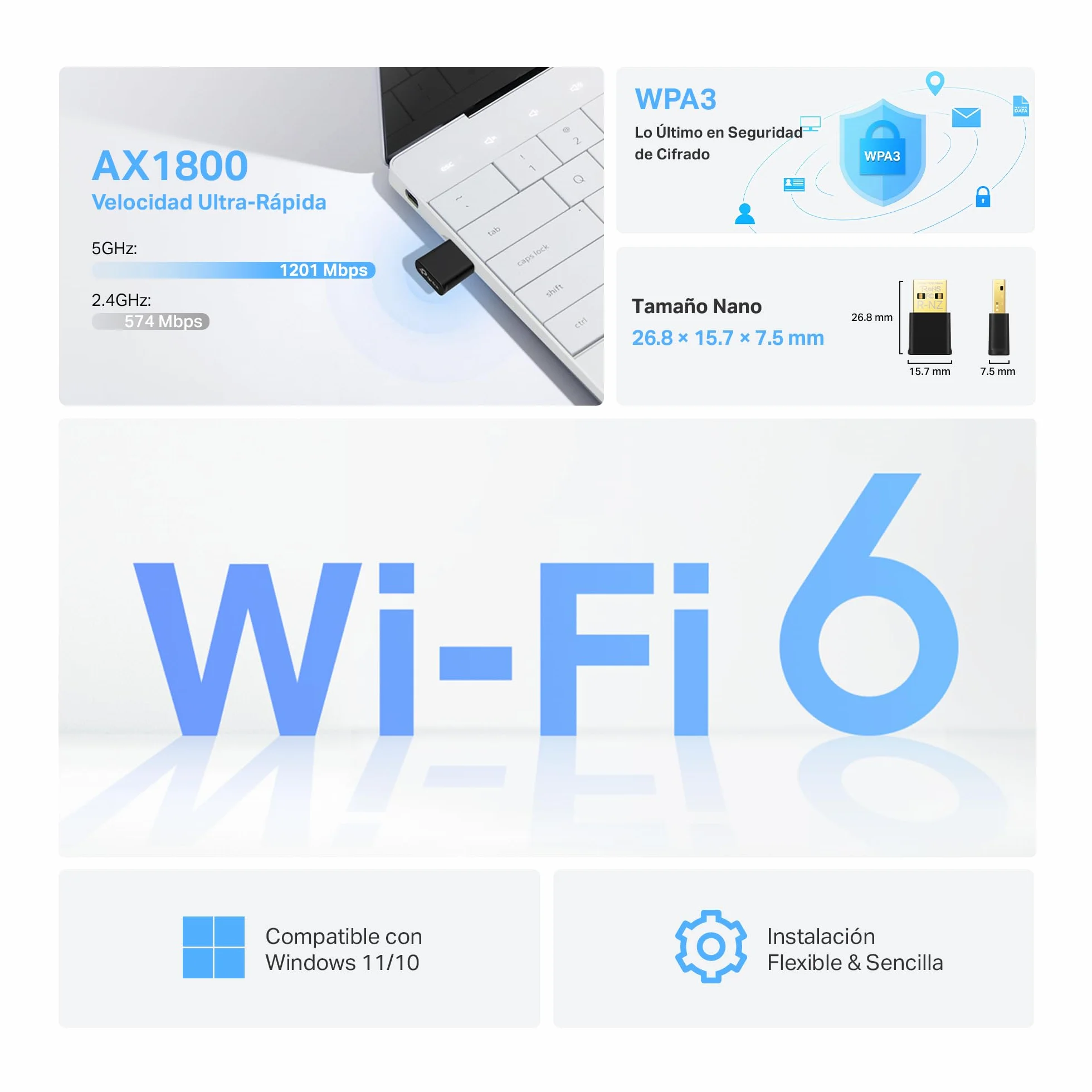 TP-Link Archer TX20U Nano| Adaptador USB WiFi6, Banda Dual AX1800, Menor latencia y Red más Segura, Controlador precargado, Solo conéctelo e instálelo, diseño Nano, Negro