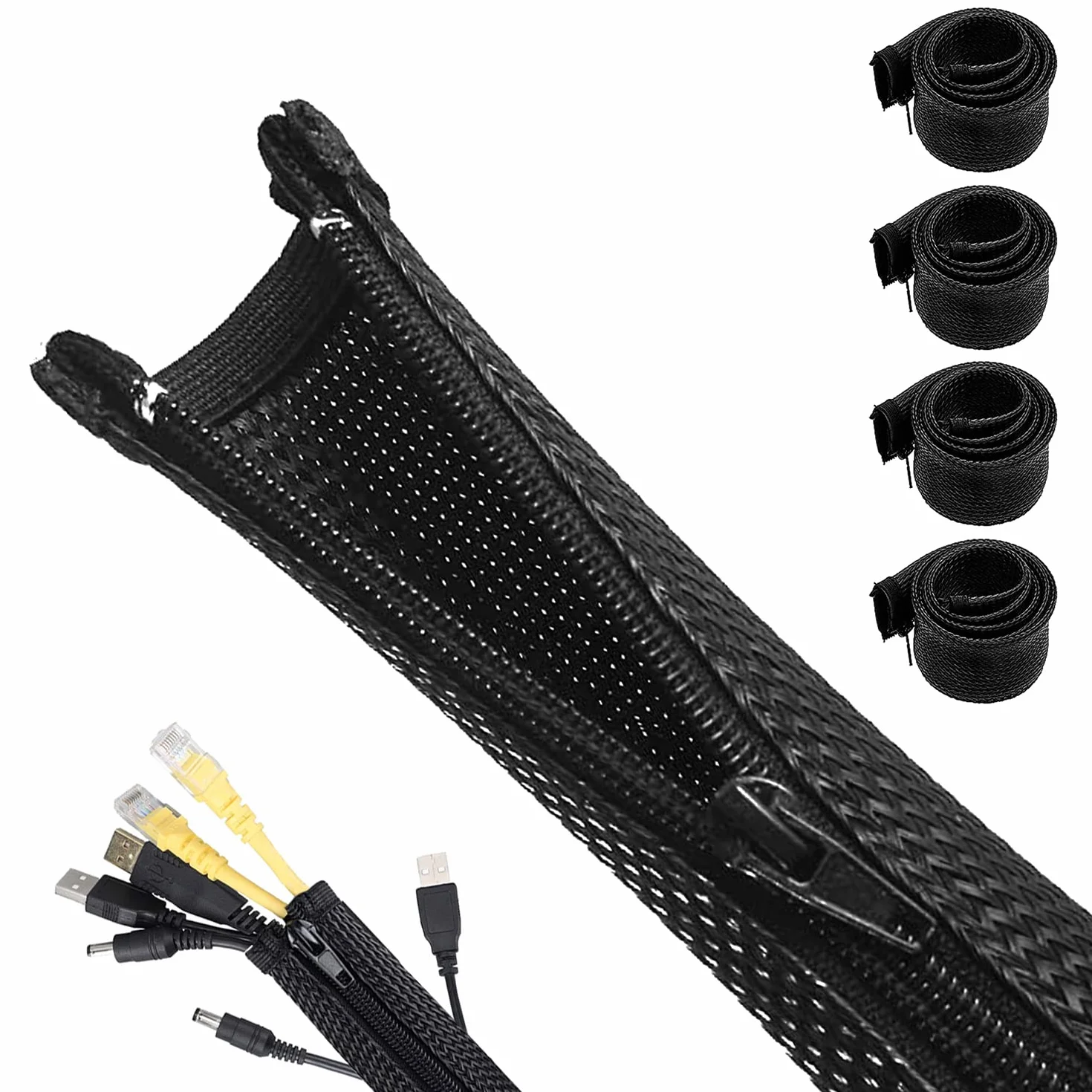 4 Piezas Organizador de Cables Escritorios con Cremallera, 1.5m Protector Cubre de Recoge Cable Expandible, 20-25mm Esconder Funda Ocultar Cables Management, para TV, Computadora, USB (Black)