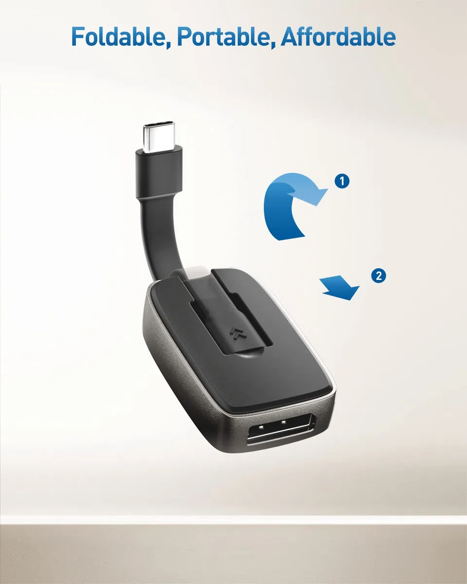 Cable Matters Adaptador Plegable 8K USB C a DisplayPort 1.4, 4K 144Hz / 8K 60Hz con HDR, Adaptador portátil DisplayPort a USB C - Compatible con Thunderbolt 4/USB4, HP Reverb G2 MacBook Pro, DELL XPS
