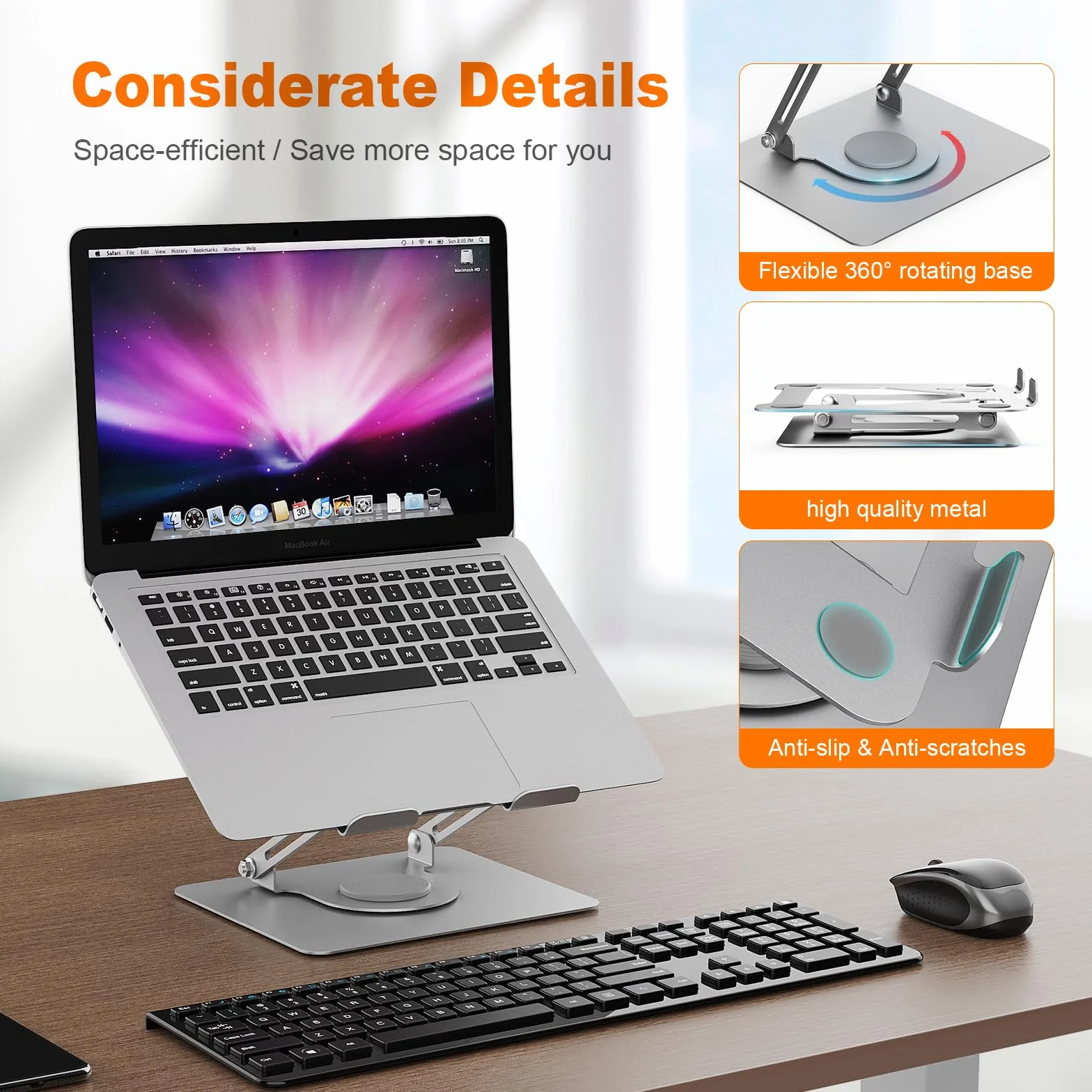 GRIFEMA Soporte Portátiles Mesa Plegable Ventilado con Base Giratoria, Elevador Portatil Altura Ajustable, Compatible con la Mayoría de los Portátiles de 11-17" GB1050-1, Plata