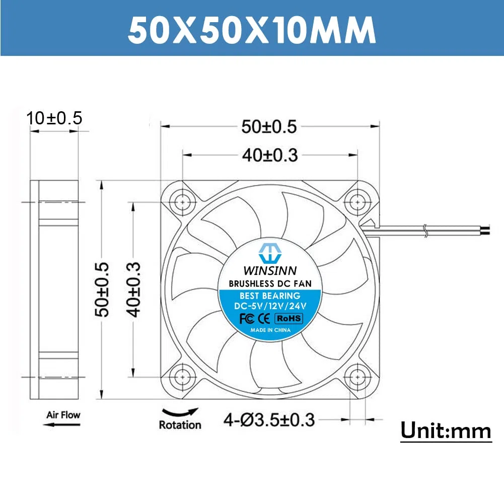 WINSINN Ventilador 50mm 24V - Rodamiento Hidráulico 6000 RPM 5010 Refrigeración para Equipos Industriales/Servidores/Routers, Cable 30cm XH2.54-2PIN, Sin Escobillas (5 Piezas)