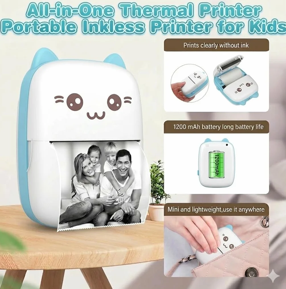 Mini Impresora térmica portátil para móvil con bluethoot. Impresora fotográfica sin Tinta con 1 Rollo de Papel térmico. Mini Printer Infantil Compatible con iOS y Android. Color Azul