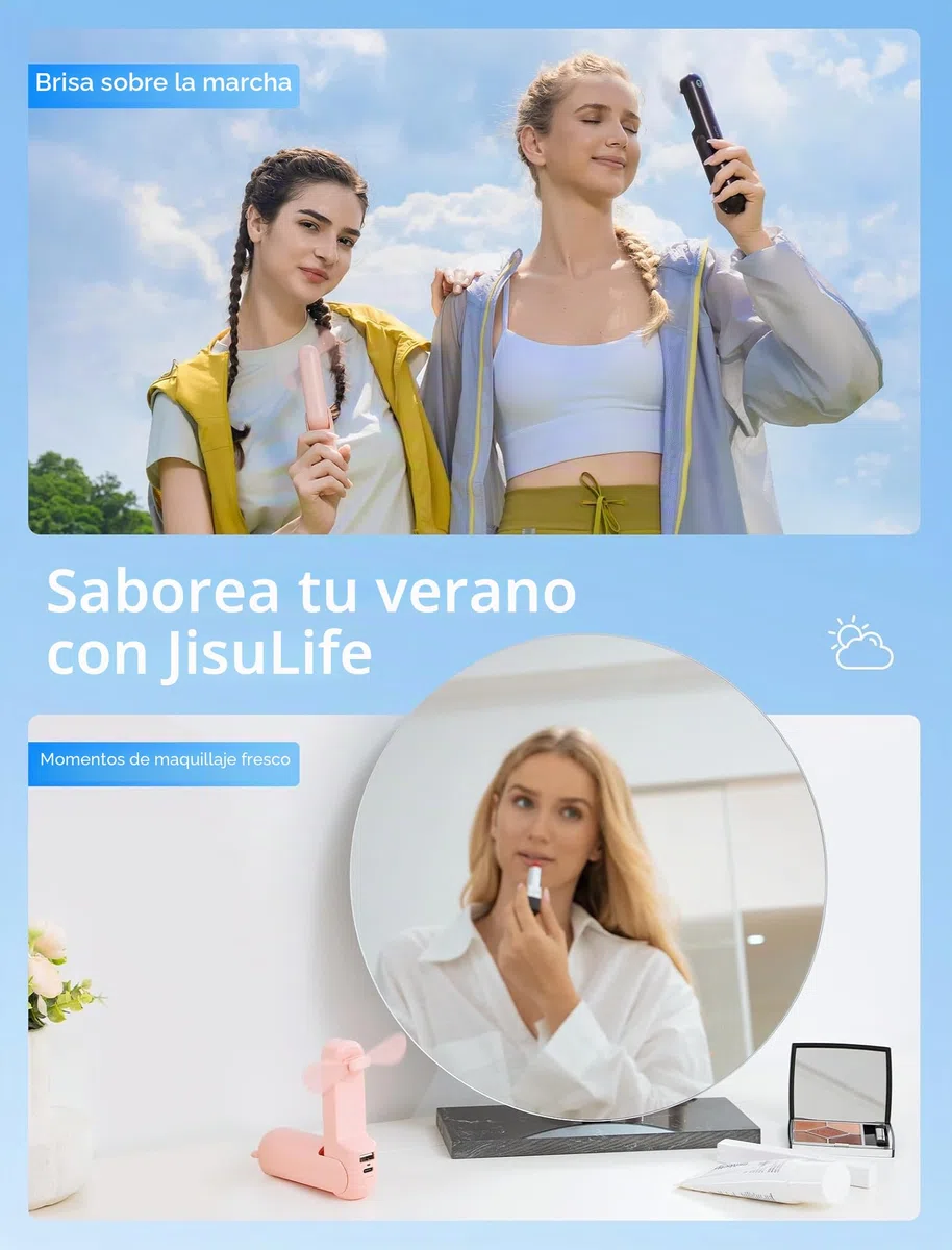JISULIFE Mini Ventilador Portátil 3 en 1 - Recargable de Bolsillo [12-19 Horas de Trabajo] Con Batería Externa y Función de Linterna - Rosa