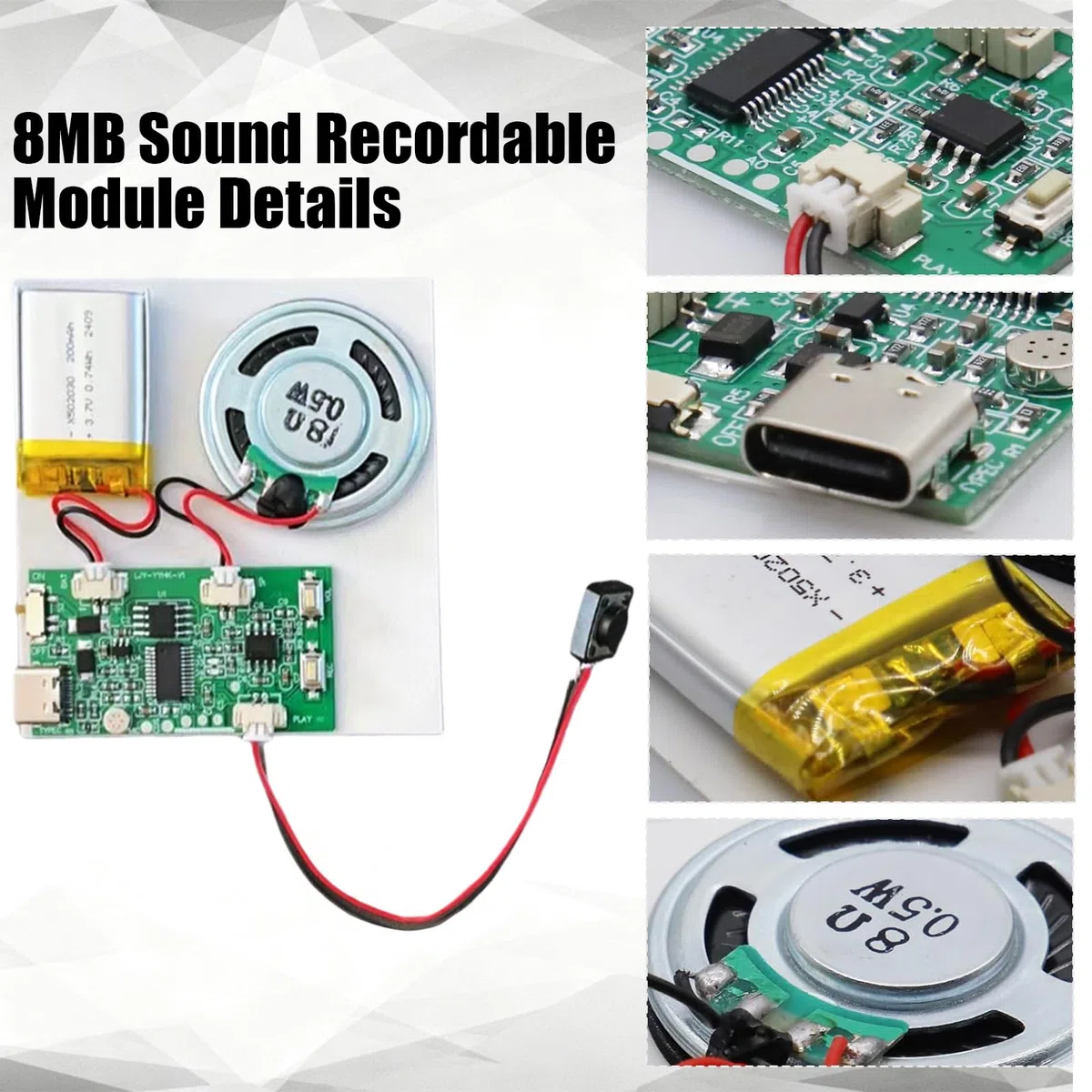 Módulo de sonido USB para MP3 con altavoz, 3 módulos grabables de voz, módulo de grabación de voz de música con batería recargable y cable para tarjetas DIY, regalos, juguetes