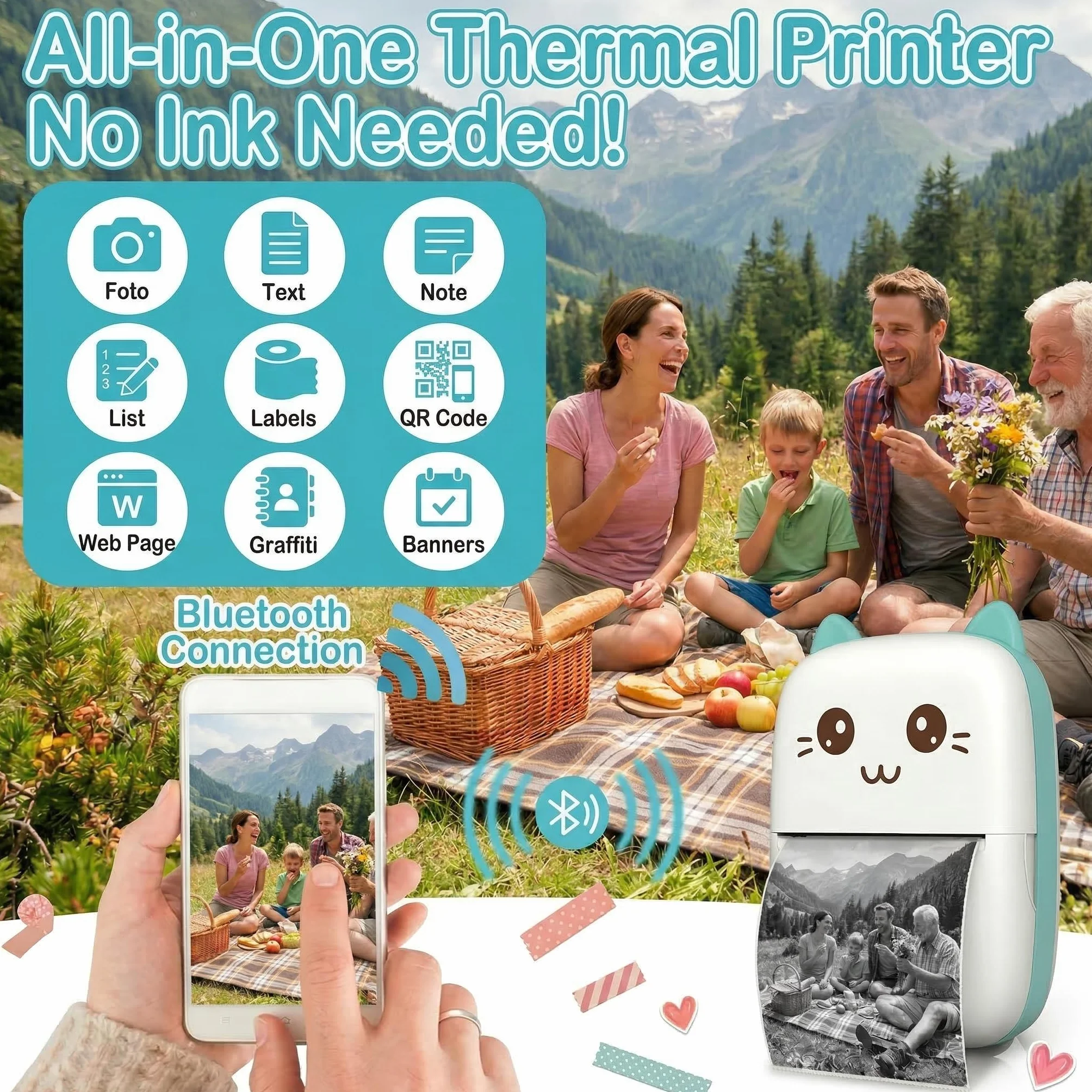 Mini Impresora térmica portátil para móvil con bluethoot. Impresora fotográfica sin Tinta con 1 Rollo de Papel térmico. Mini Printer Infantil Compatible con iOS y Android. Color Azul