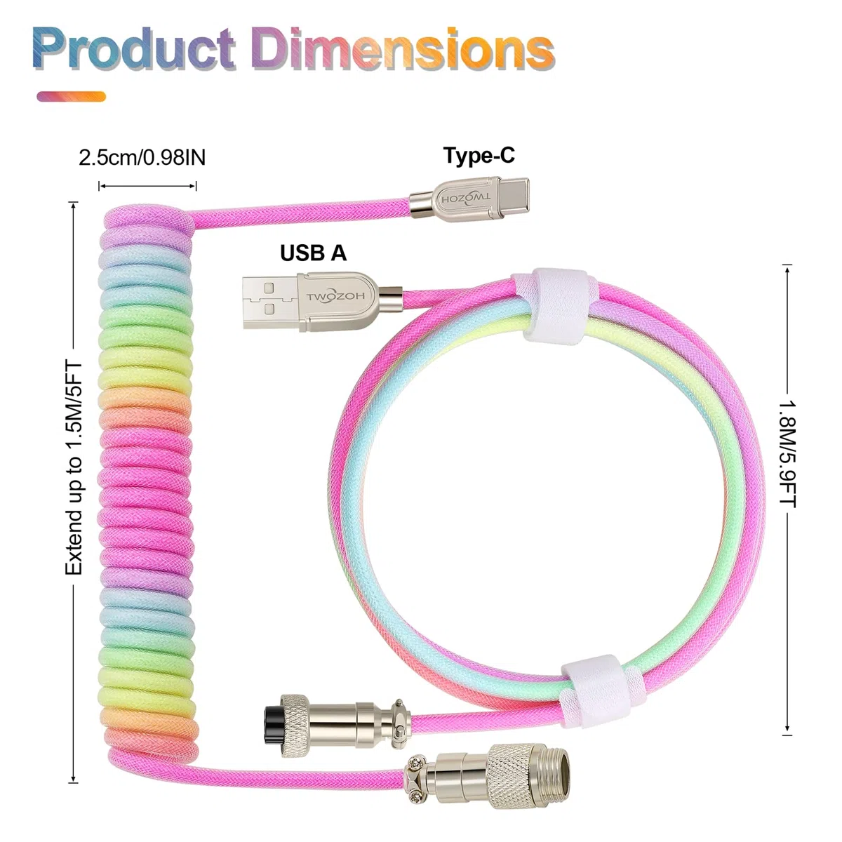 Twozoh Cable Espiral Mecánico teclado USB C, Trenzado desmontable Aviador doble manga tipo C Cable de teclado mecánico (Blanco)