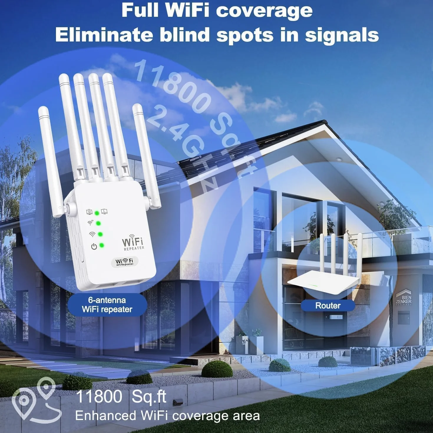 Repetidor WiFi, Amplificador de Señal WiFi 1200 Mbps,6 Antenas 2 Puertos LAN, Extensor WiFi, Cobertura de hasta 11000 Metros Cuadrados，Adecuado para oficinas y hogares, fácil de Instalar (Blanco)