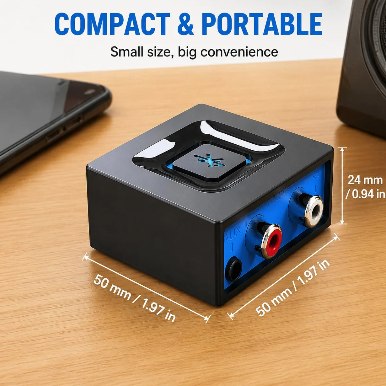 esinkin Receptor de Audio Inalámbrico, Adaptador Bluetooth para PC/Mac/Smartphone/Tablet/Receptores AV/Coche, Salidas 3.5 mm y RCA para Altavoces, Boton de Encendido/Apagado