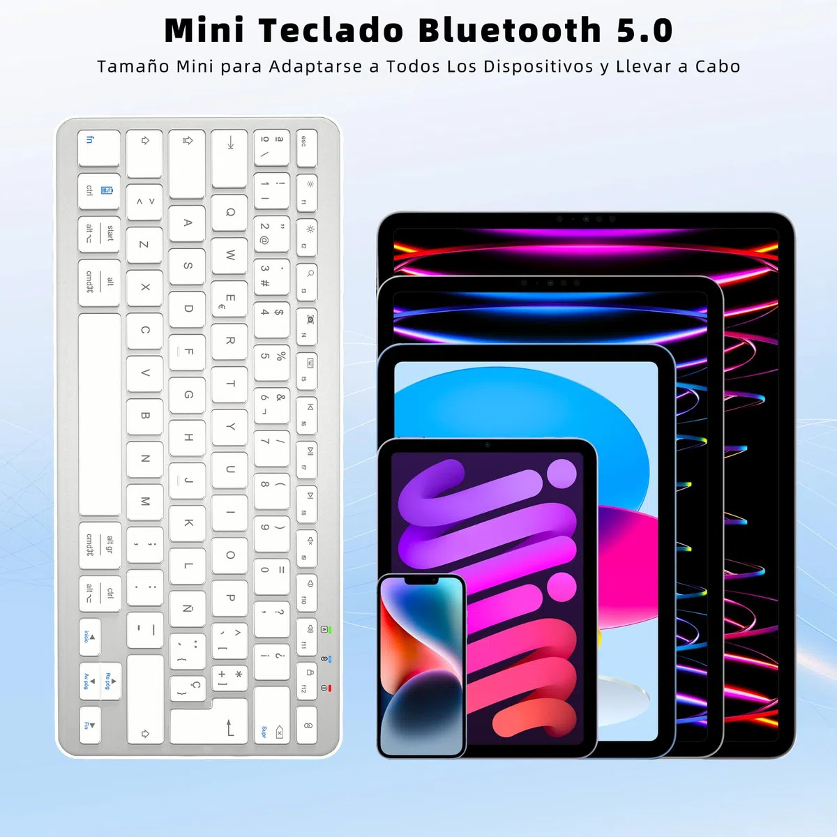 Teclado Bluetooth Español para iPad, iPhone, Tablet Samsung, Compatible con Todos los Dispositivos con Bluetooth de iOS, Android, Windows, Blanco