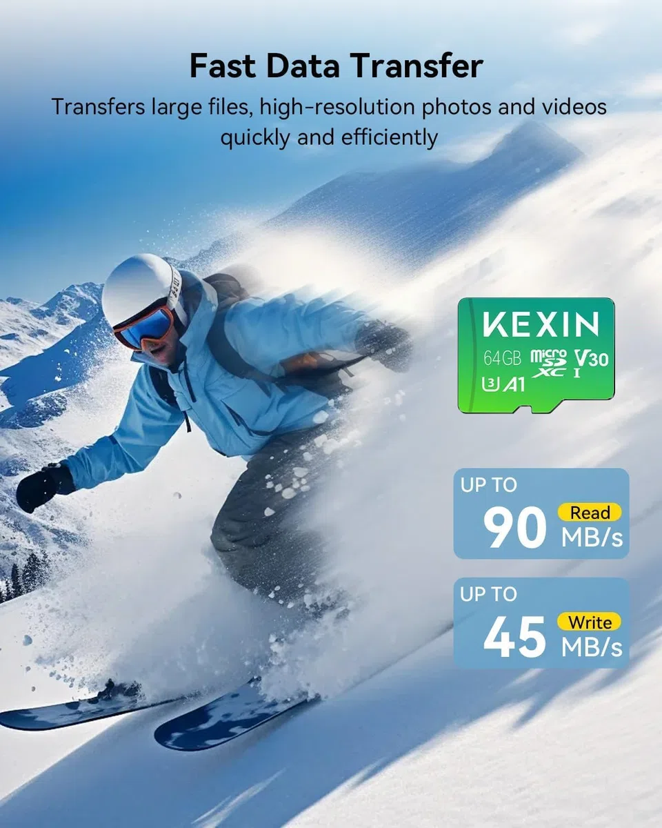 KEXIN 64GB Memoria Micro SD Tarjeta U3 Clase 10 Mini USB Micro SDXC V30 Tarjeta 64GB con Adaptador para PC, Tableta,Drone,Cámara Deportiva y Smartphone