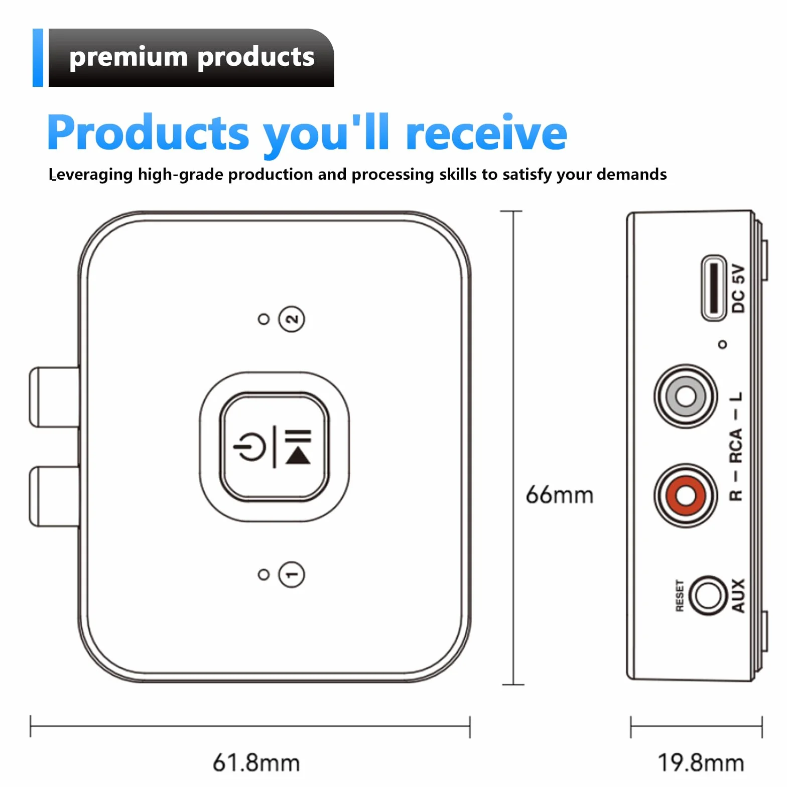 Receptor Bluetooth 6.0 con conector jack de 3,5 mm y RCA, adaptador de audio HiFi con modo de graves para estéreo y altavoces, receptor inalámbrico azul para smartphone, tablet y receptor AV