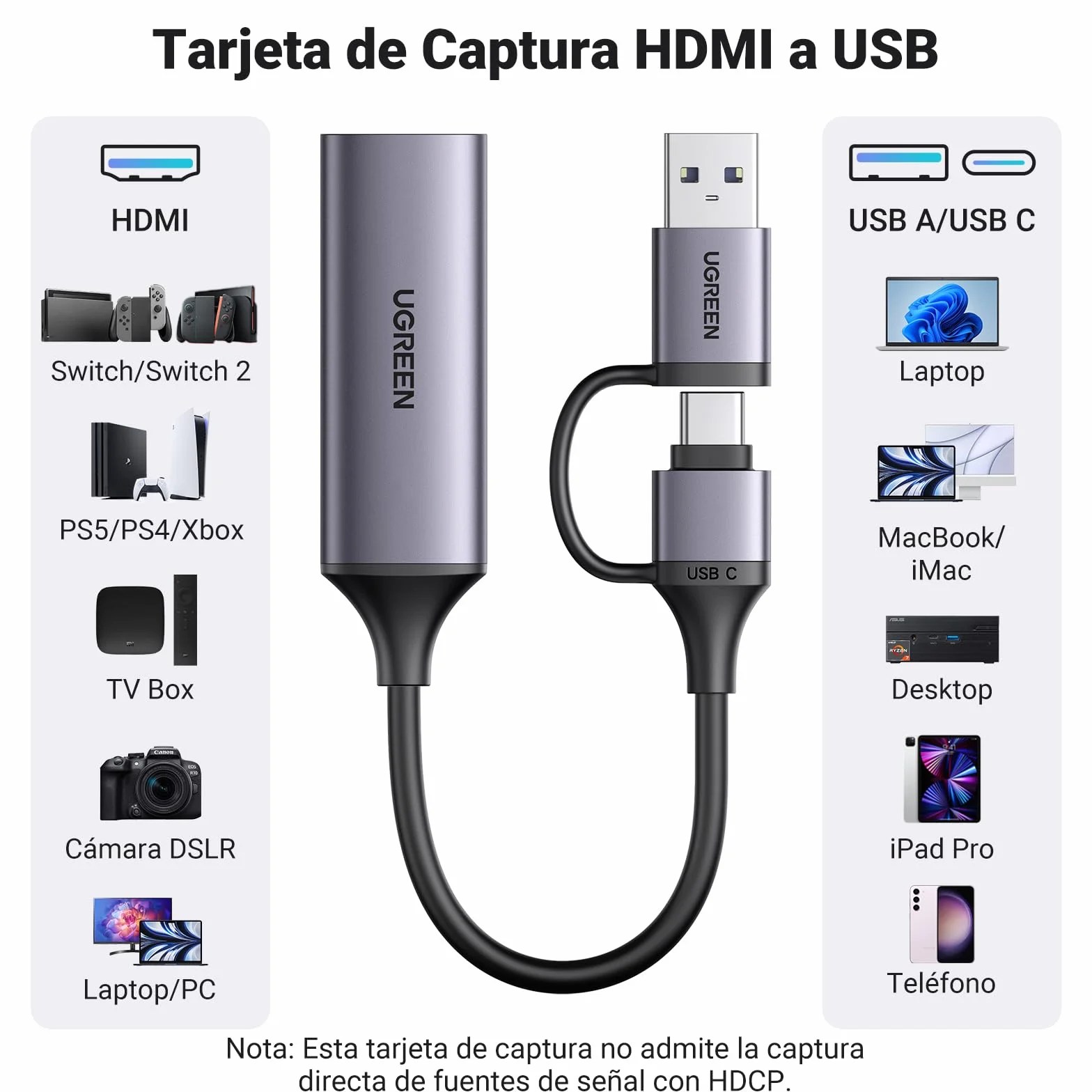 UGREEN Capturadora Vídeo HDMI 4K 1080P HD 60FPS Entrada USB C Tarjeta Capture para Streaming Juegos OBS Compatible con PC Switch PS5 Xbox MacBook iPad Cámara