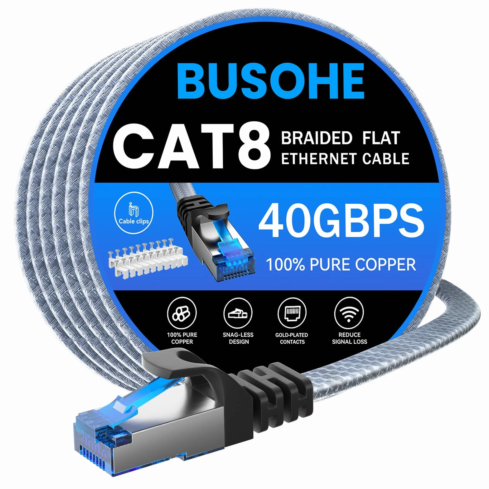 BUSOHE Cat 8 Cable Ethernet de 10m, Trenzado Cable de Red LAN Gigabit Plano de Alta Velocidad RJ45, Cable de Conexión de Internet 40Gbps 2000Mhz Compatible con PC, Portátil, Routers, Módem