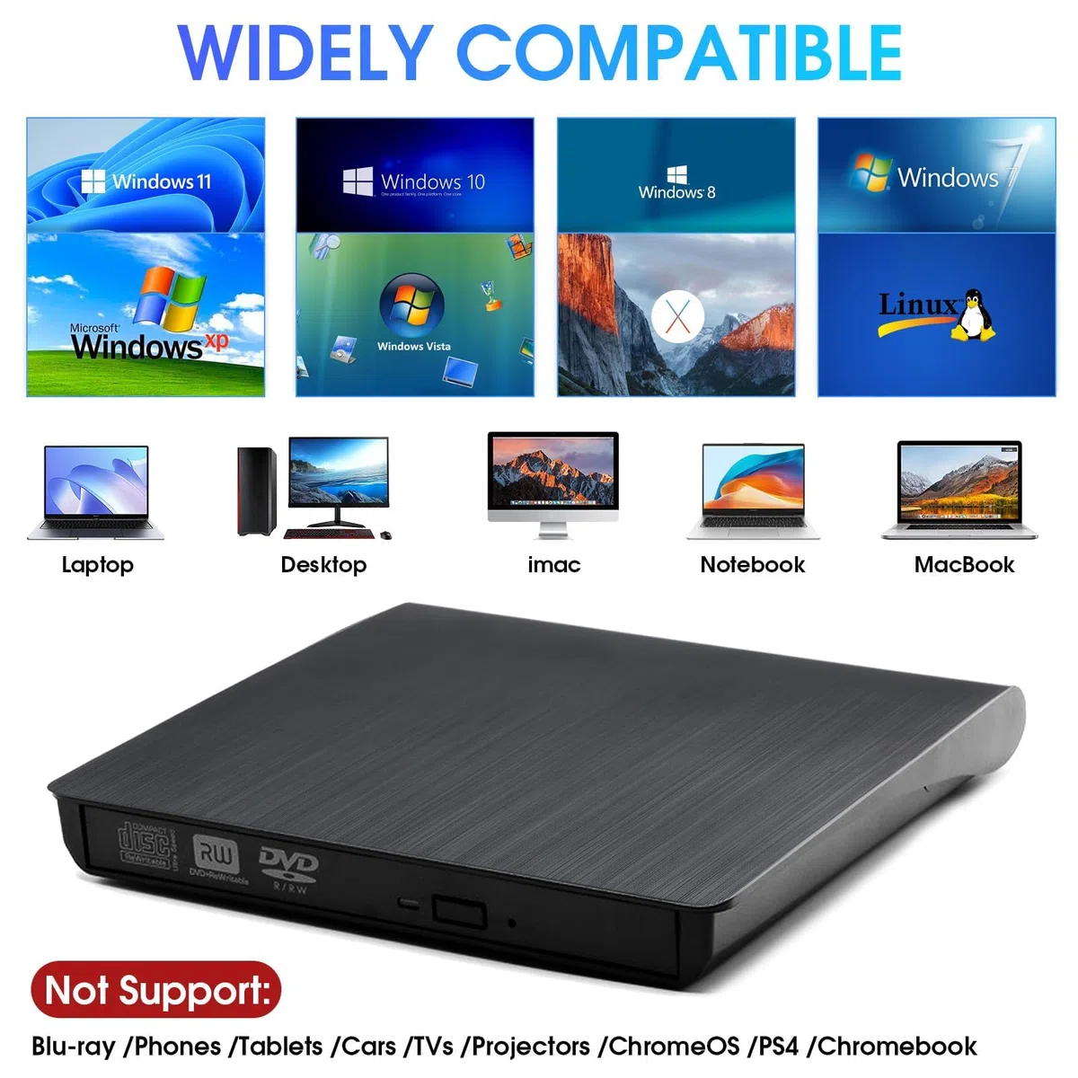 Grabadora CD DVD Externo USB 3.0 y USB-C Lector CD Externo y Grabadora DVD/CD +/-RW para PC y Portátil Slim con Cable Integrado Plug & Play 8X/24X Windows 11/10/8/7 MacOS Linux