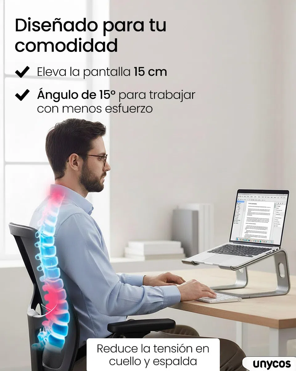 unycos - Soporte para Portátil Antideslizante de Aluminio, Compatible con Ordenadores de 10''/13''/15,6'' Ventilación y Disipación del Calor, 100% Ergonómico | Reduce Tensiones en el Cuello (Plata)
