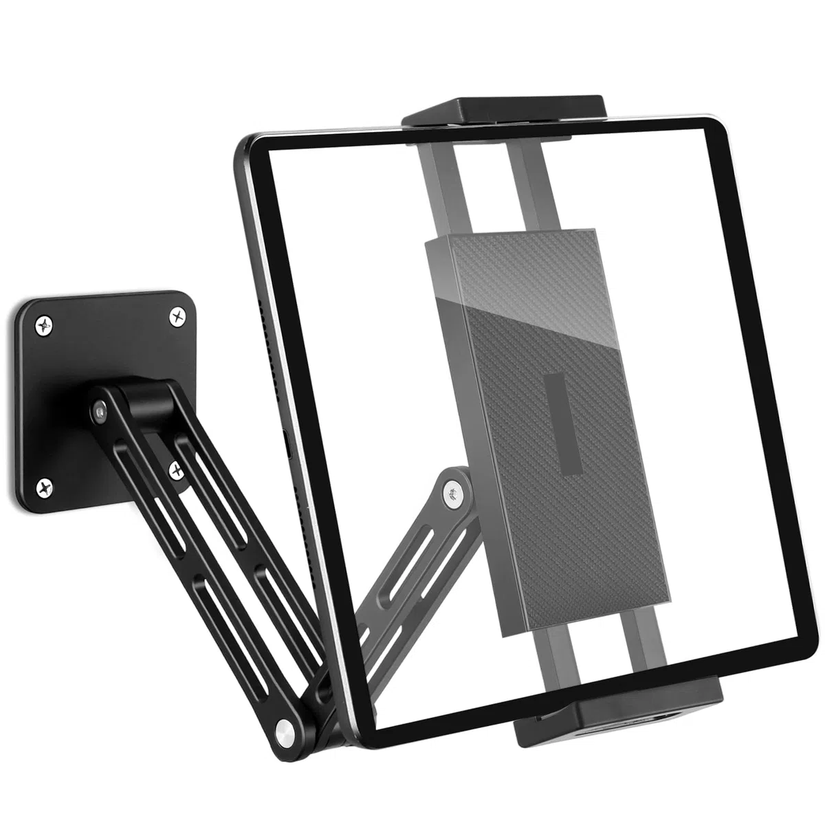 Soporte de pared para tableta, soporte de pared para iPad con brazo extensible y base de metal estable, altura ajustable y plegable, soporte de pared para iPhone, iPad Pro/Air/Mini, Galaxy Tab