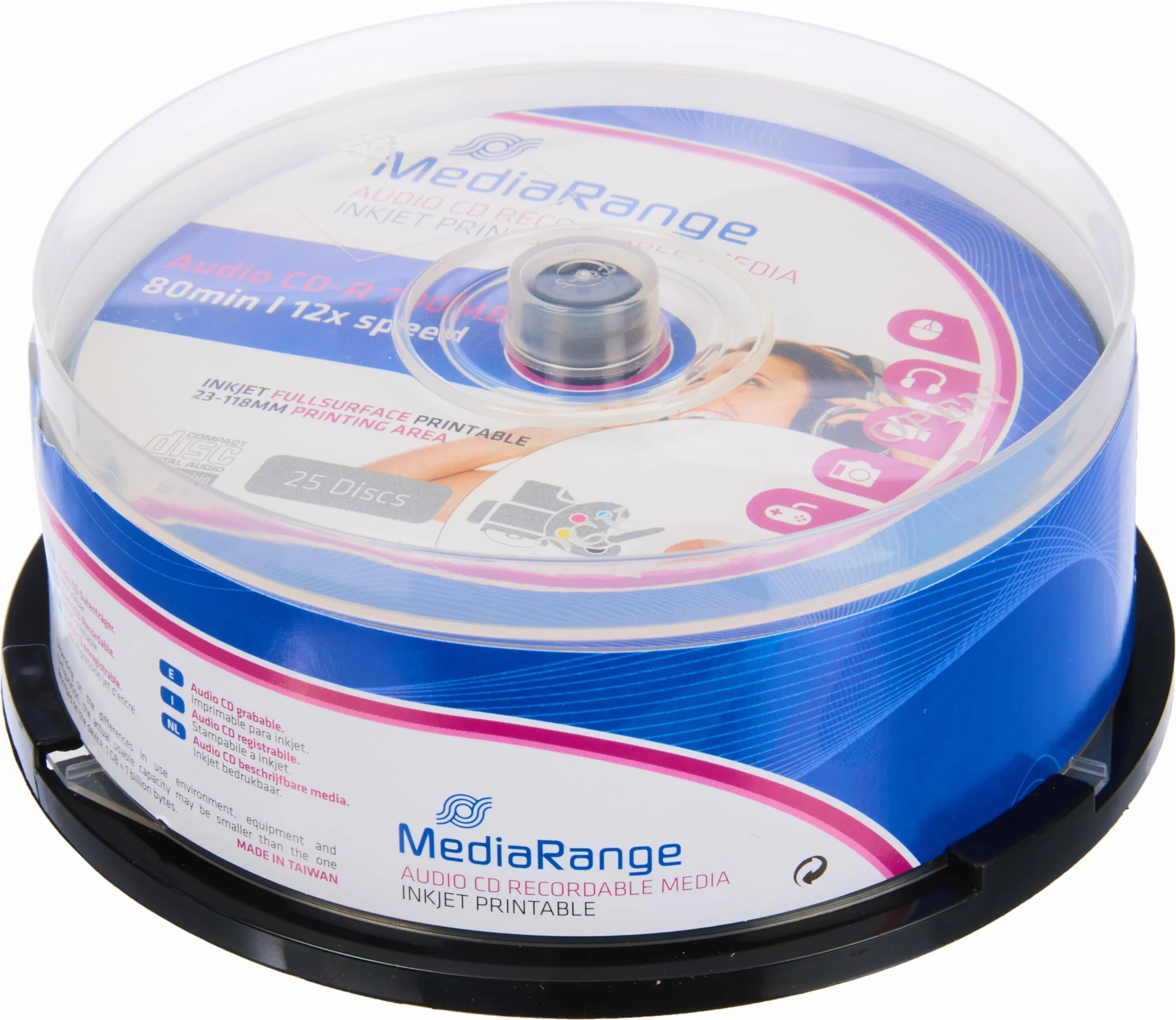 MediaRange Audio CD-R 700MB|80min 12x Velocidad de Escritura, imprimible en Toda la Superficie (Impresora de inyección de Tinta), Caja de 25 cakebox
