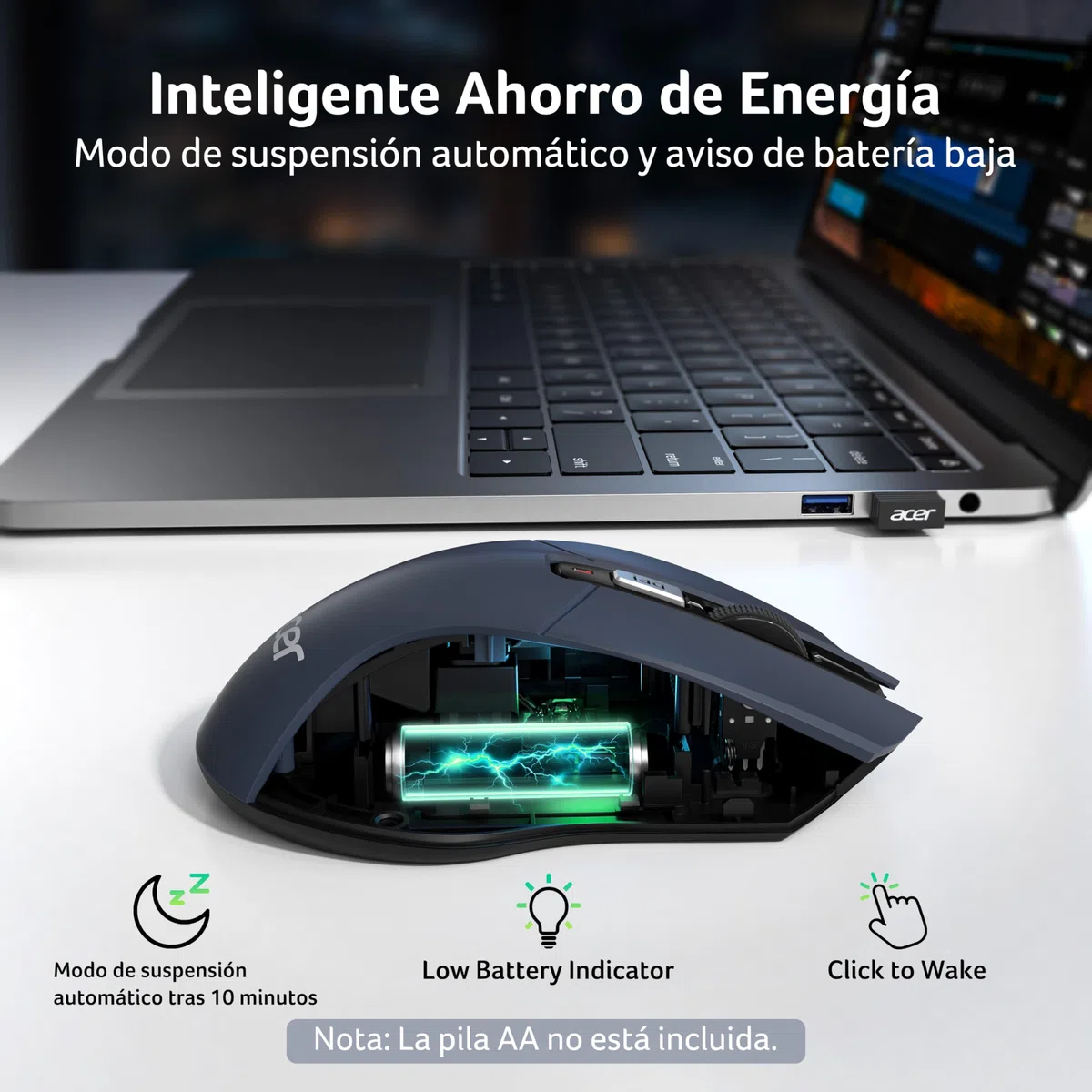 Acer Ratón Inalámbrico 4000 dpi, Wireless Mouse 2.4GHz con 5 Niveles de dpi Ajustables, Ratón sin Cables a Pilas, Ratón USB-A para Portátil, PC y Chromebook